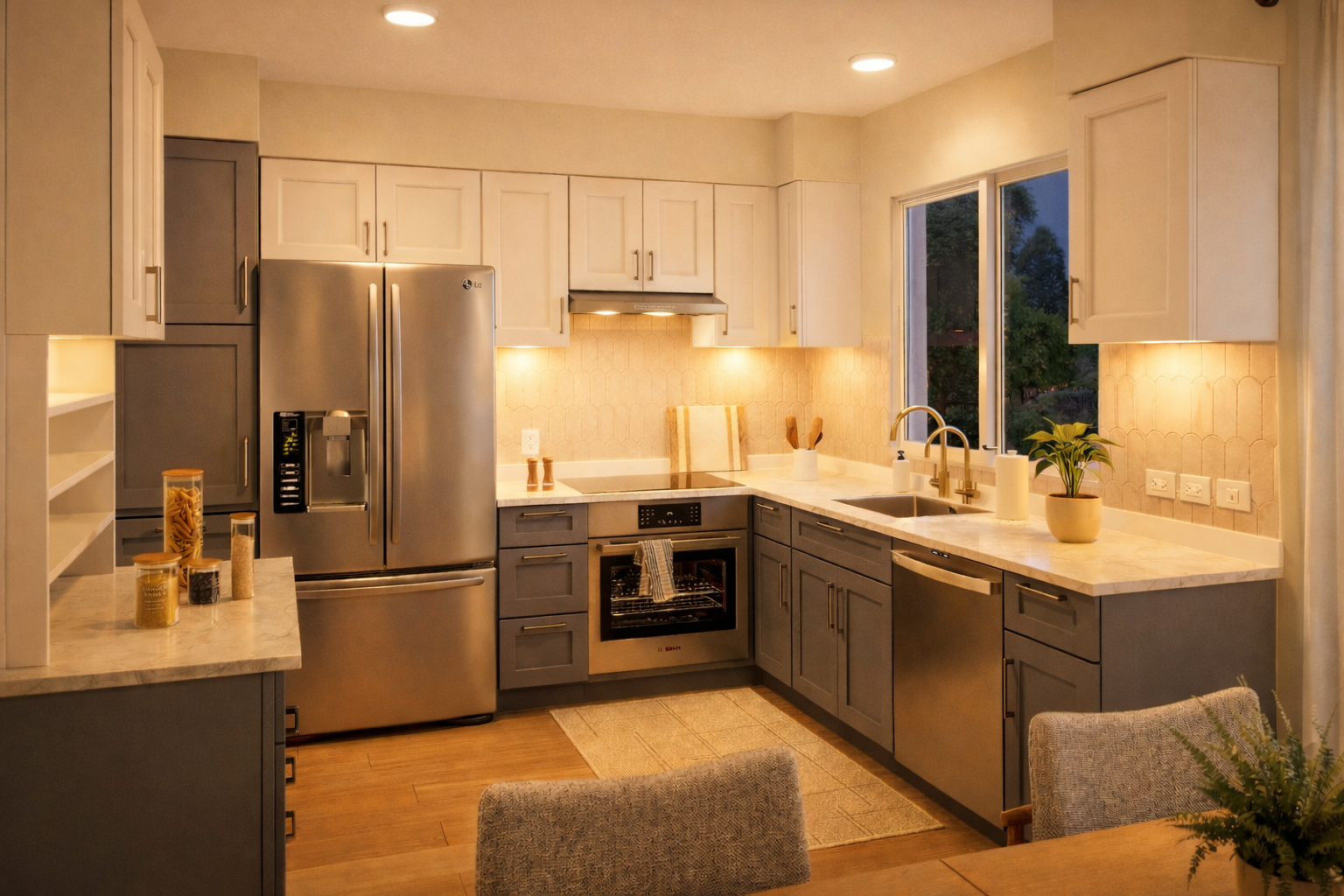 Scandinavian kitchen with white and gray cabinets, marble countertops, and warm layered evening lighting from recessed ceiling lights and under-cabinet lighting creating a bright and inviting space, AI-enhanced image