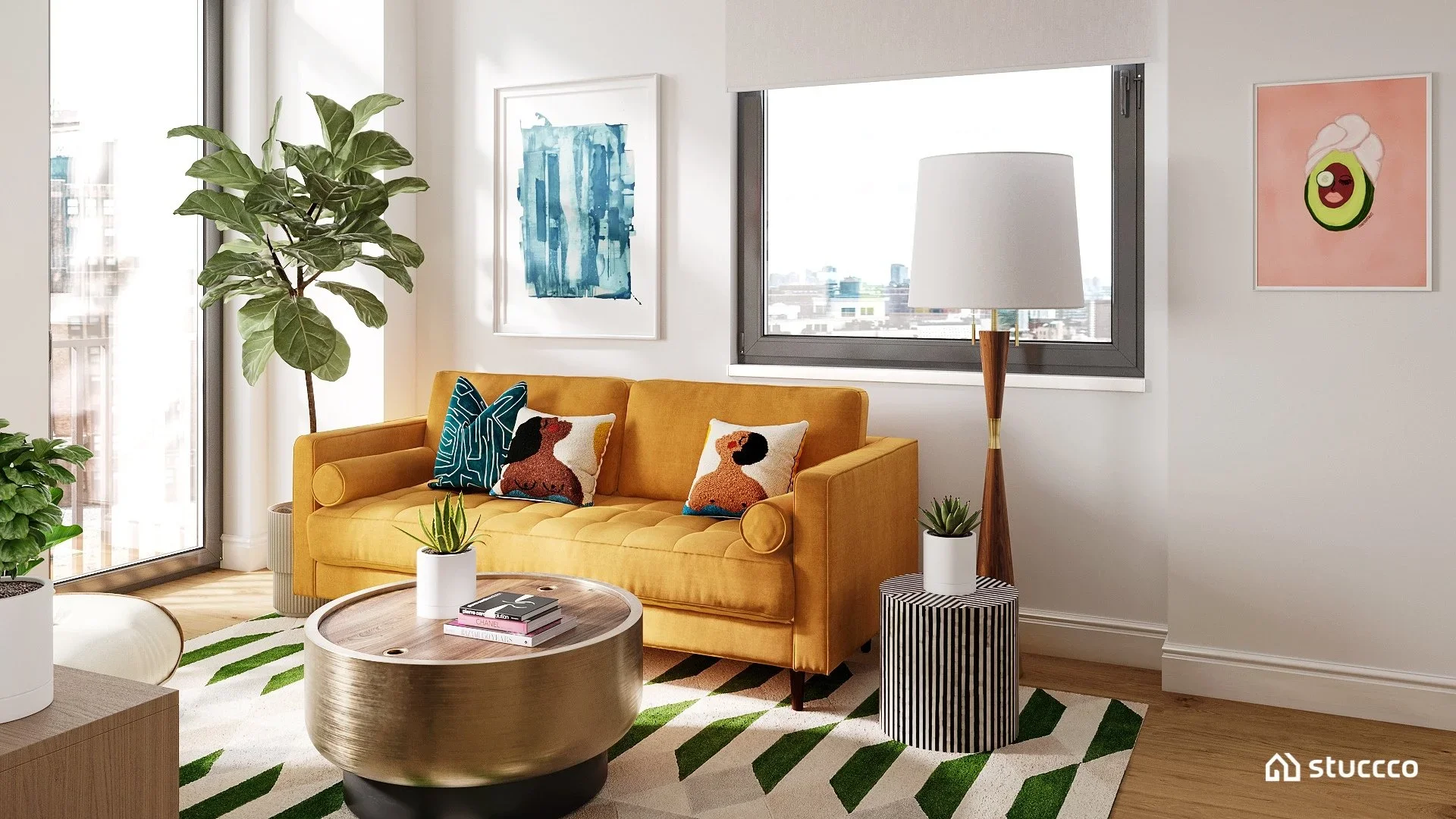 Modern eclectic small living room with mustard sofa, round coffee table, indoor plants, patterned rug, and bright natural light.
