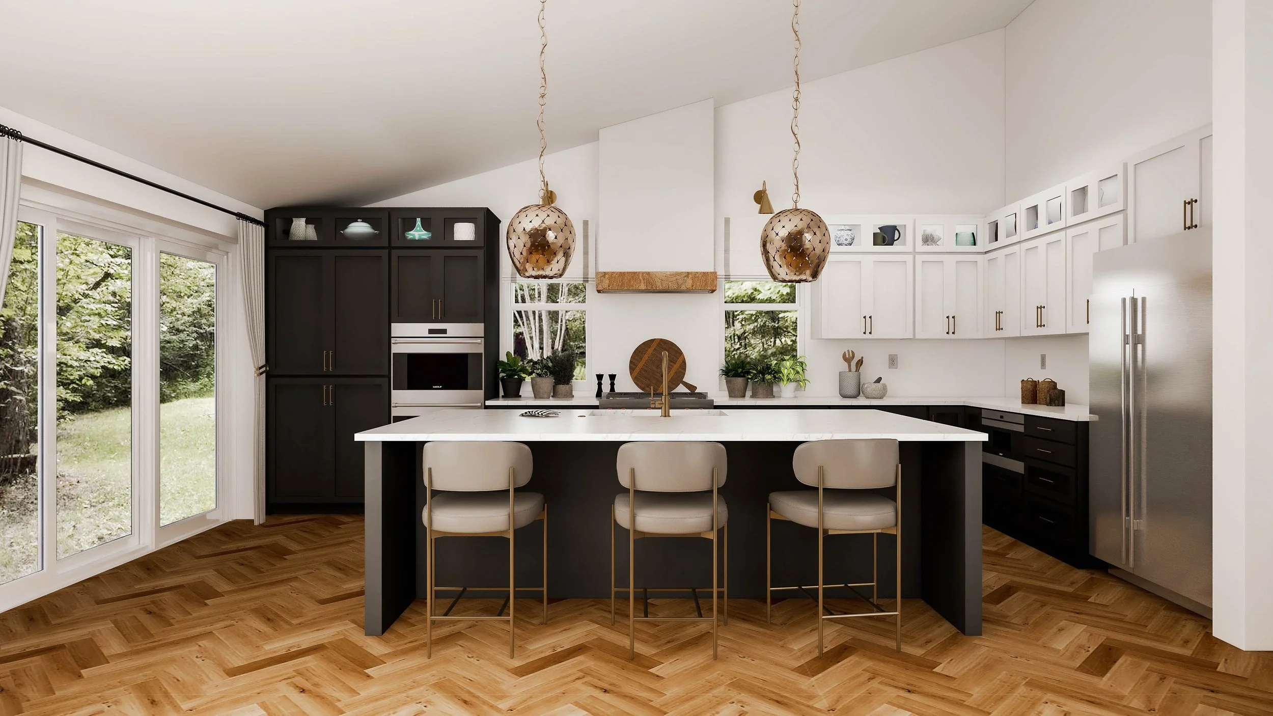 Modern eclectic kitchen designed by virtual interior designer Joshua Jones of JJones Design Co. featuring statement pendant lights above a black kitchen island with herringbone wood flooring and white cabinetry.