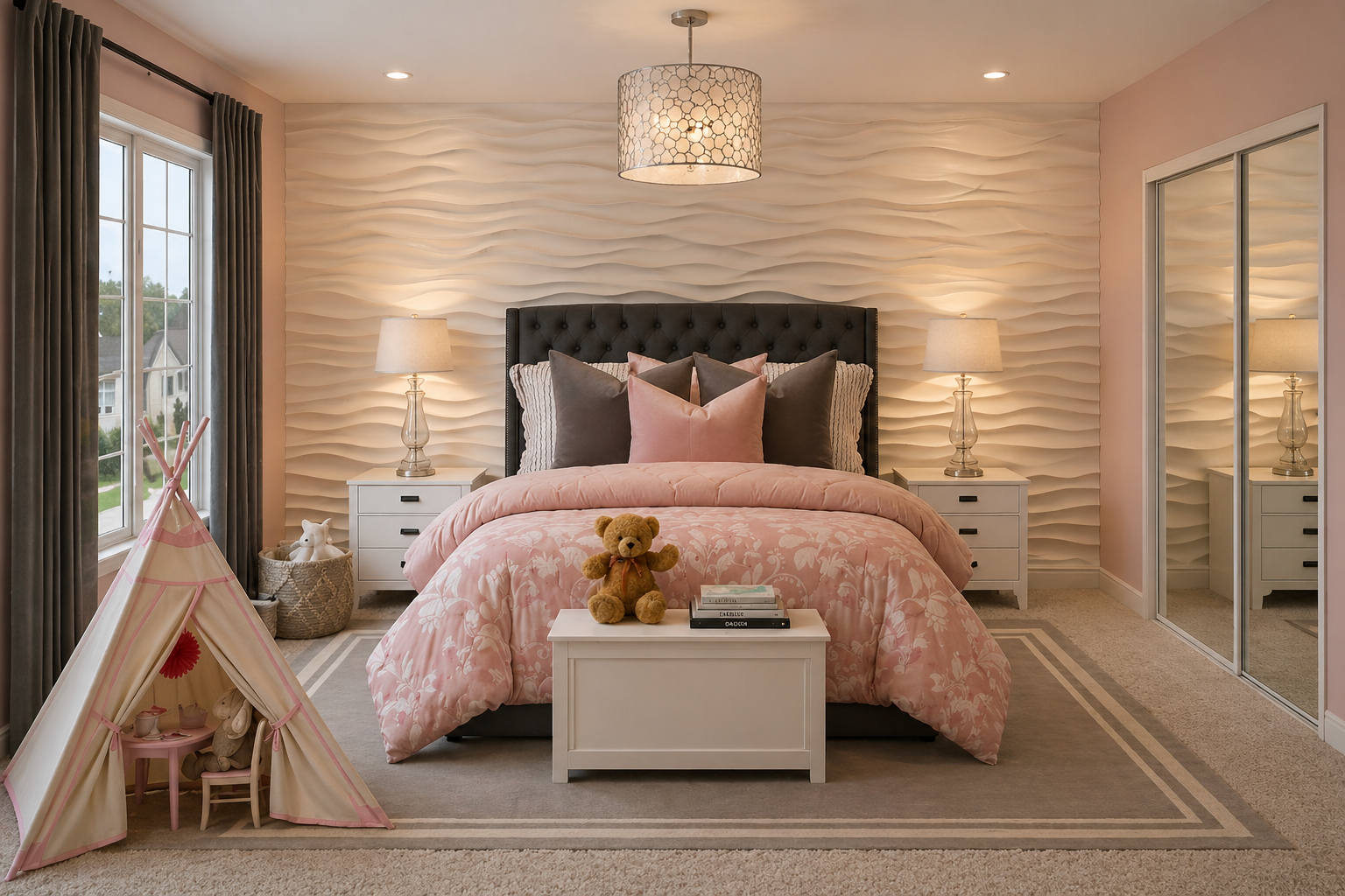 AI-generated 3D visualization of a modern girl bedroom designed by virtual interior designer Joshua Jones of JJones Design Co. with pink bedding, tufted headboard, nightstands, table lamps, and soft neutral rug.