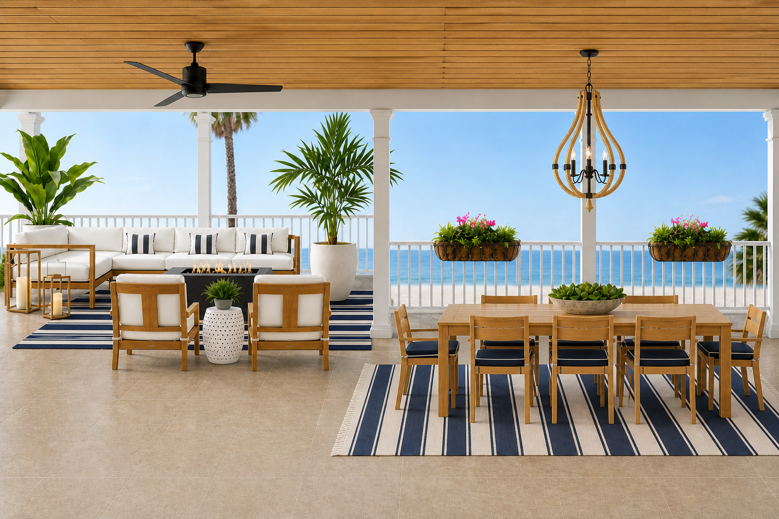 Modern coastal patio with outdoor sofa, dining table, ocean view, and striped rugs anchoring both the seating and dining areas