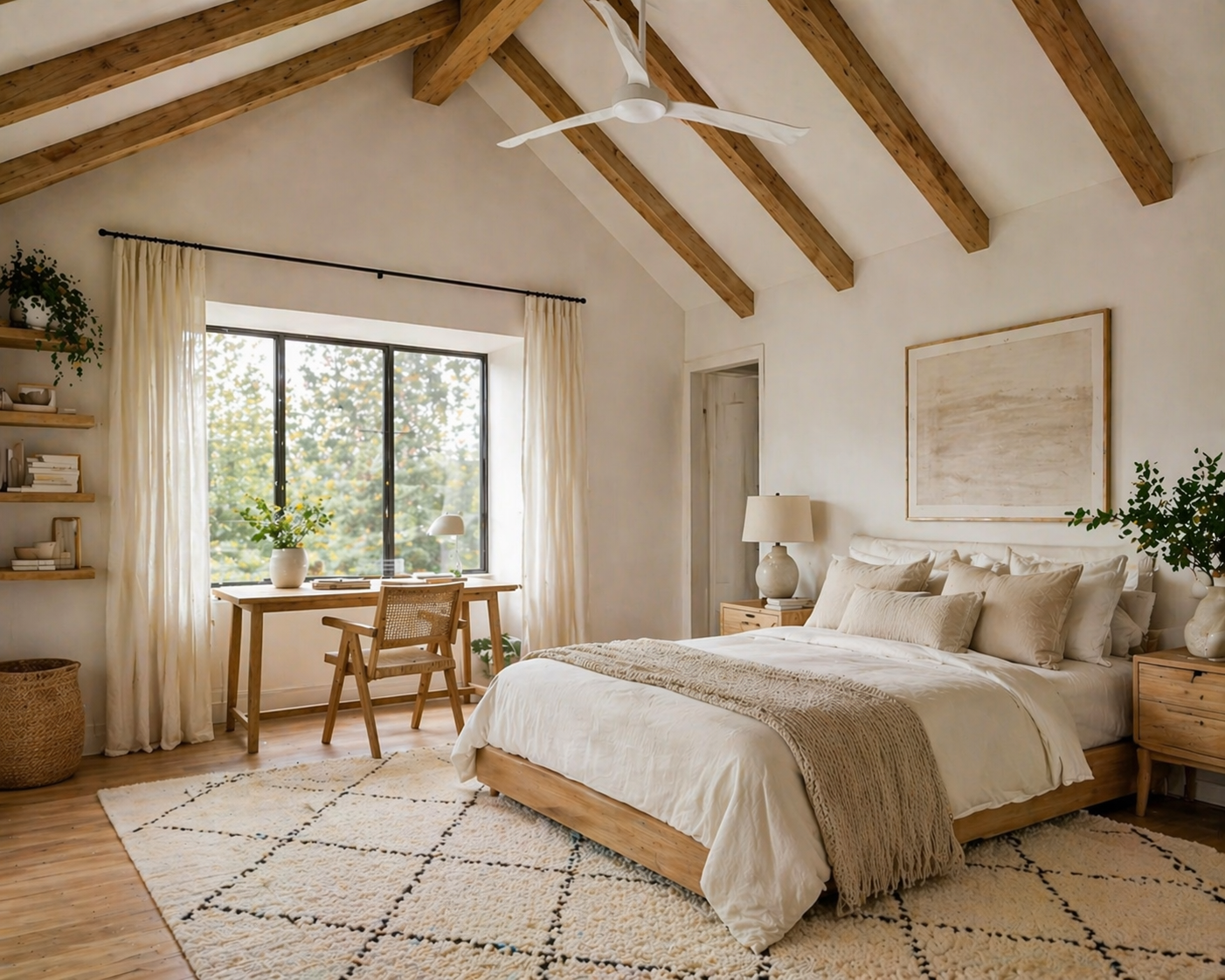 Scandinavian bedroom with vaulted wood beam ceiling, white three-blade ceiling fan, neutral bedding, wood furniture, and large white rug with subtle black pattern (AI-generated image)