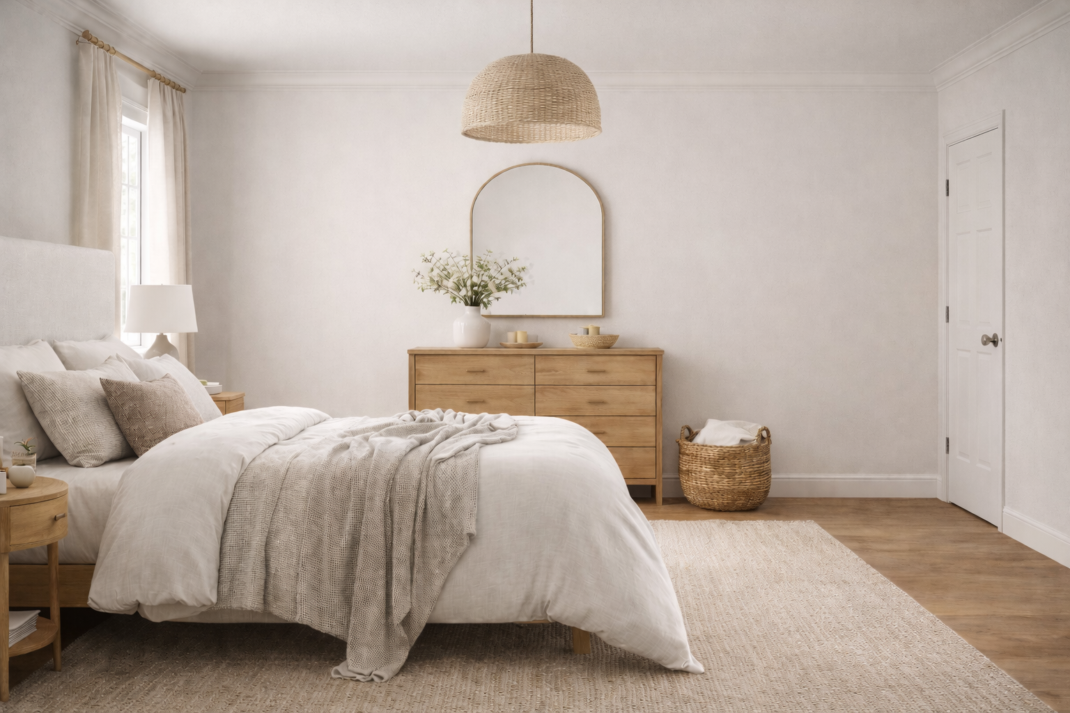AI-generated Scandinavian bedroom with soft neutral tones, white upholstered headboard, full-length curtains hung high and wide, and centered dresser with mirror opposite the bed.