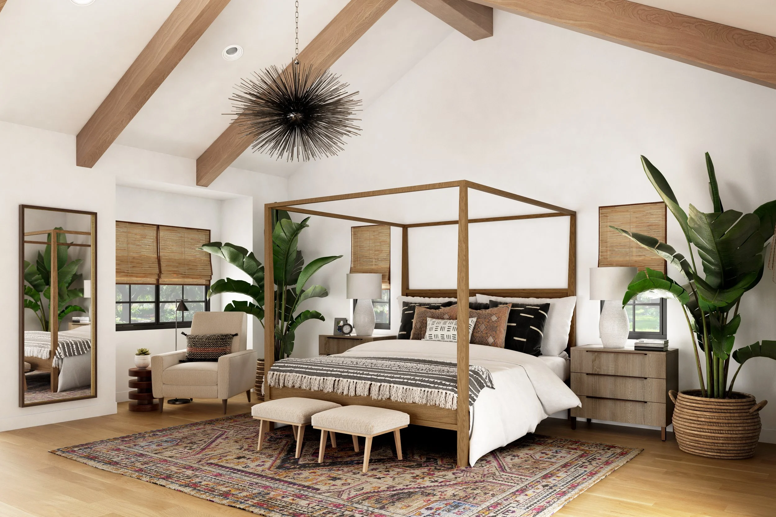 California casual primary bedroom with a wood canopy bed, layered neutral bedding, patterned accent pillows, natural wood beams, woven window shades, indoor plants, and a vintage-style area rug, designed by Joshua Jones of JJones Design Co.