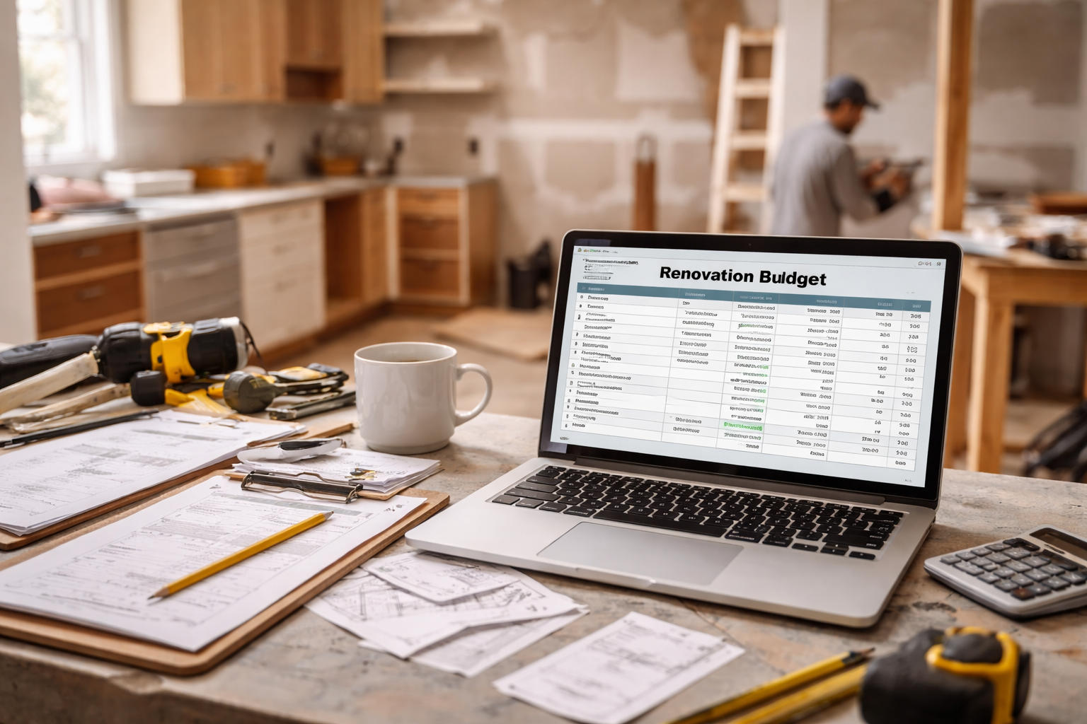Laptop displaying renovation budget spreadsheet on kitchen counter during active home remodel with tools and construction materials in background.