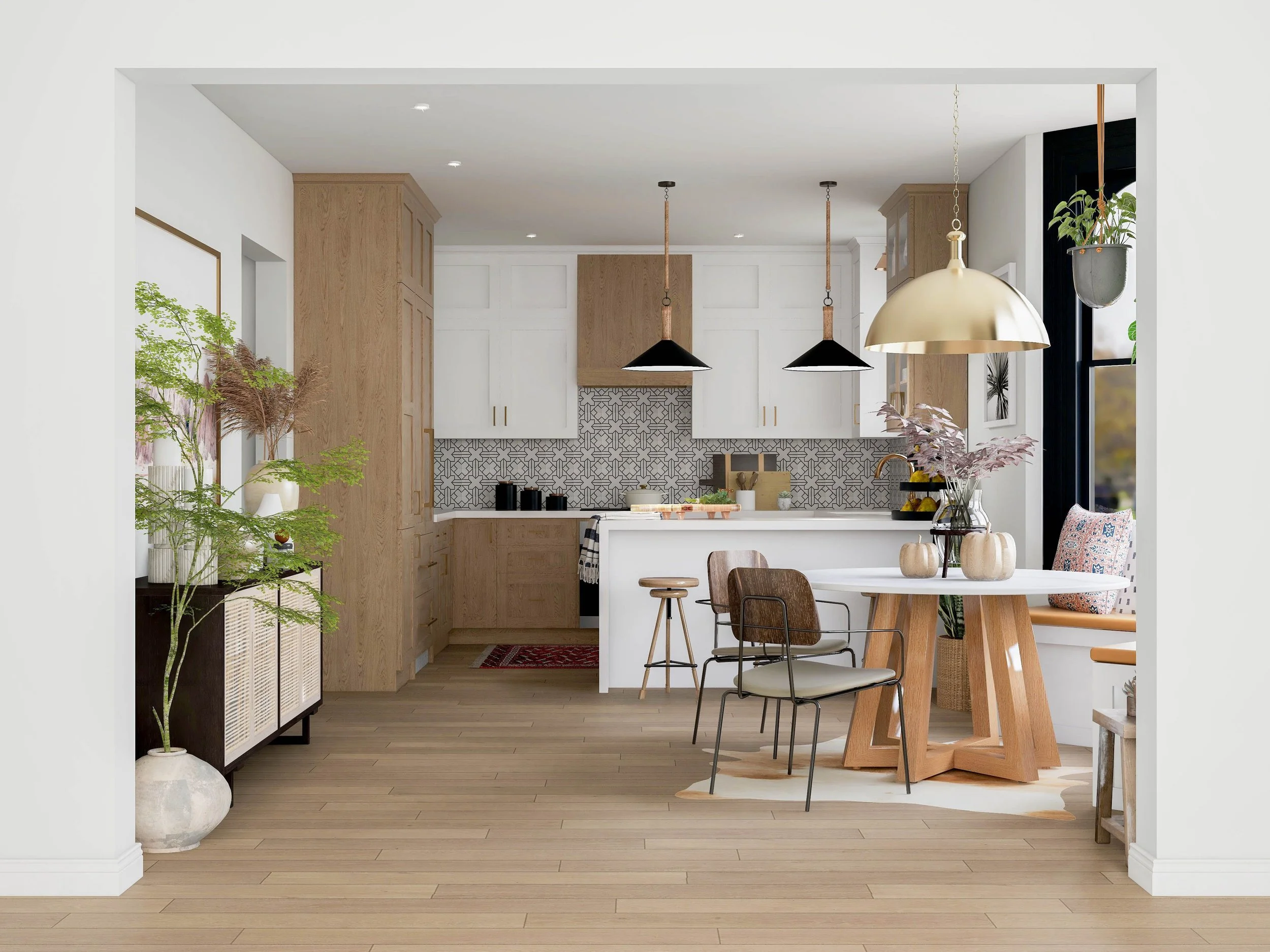 California casual kitchen and breakfast nook with warm oak cabinetry, white cabinets, geometric tile backsplash, peninsula seating, and round dining table designed by Joshua Jones of JJones Design Co.