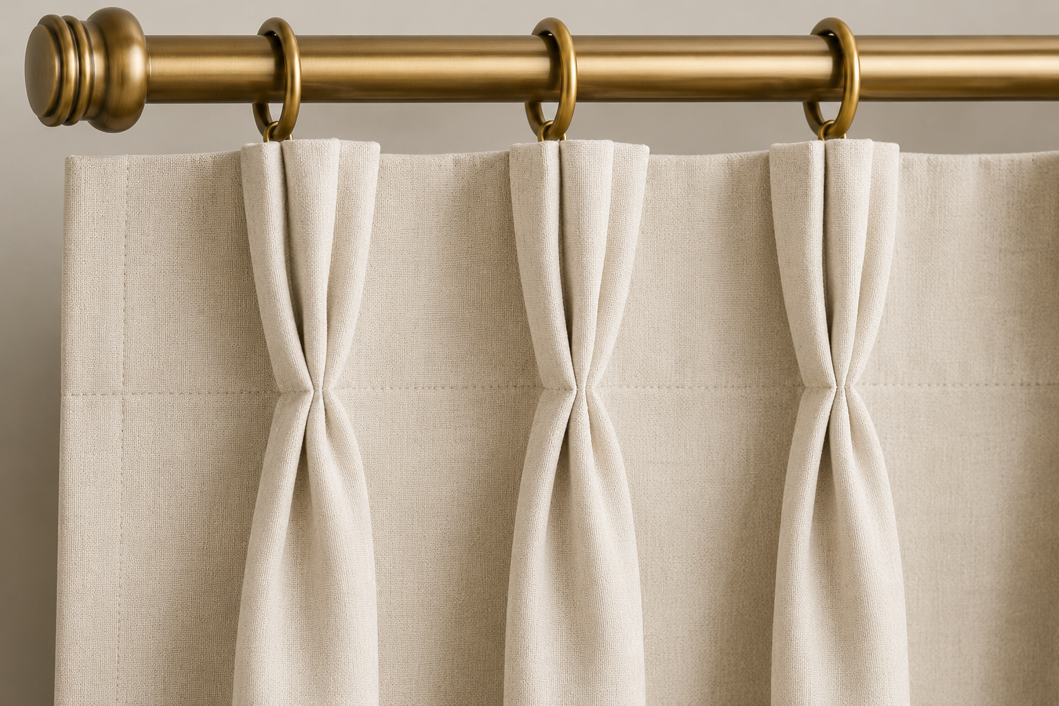Close-up AI rendering of a cream pinch pleat drapery header attached to decorative curtain rings on an antique brass drapery rod, showing the structured pleat construction and tailored folds.