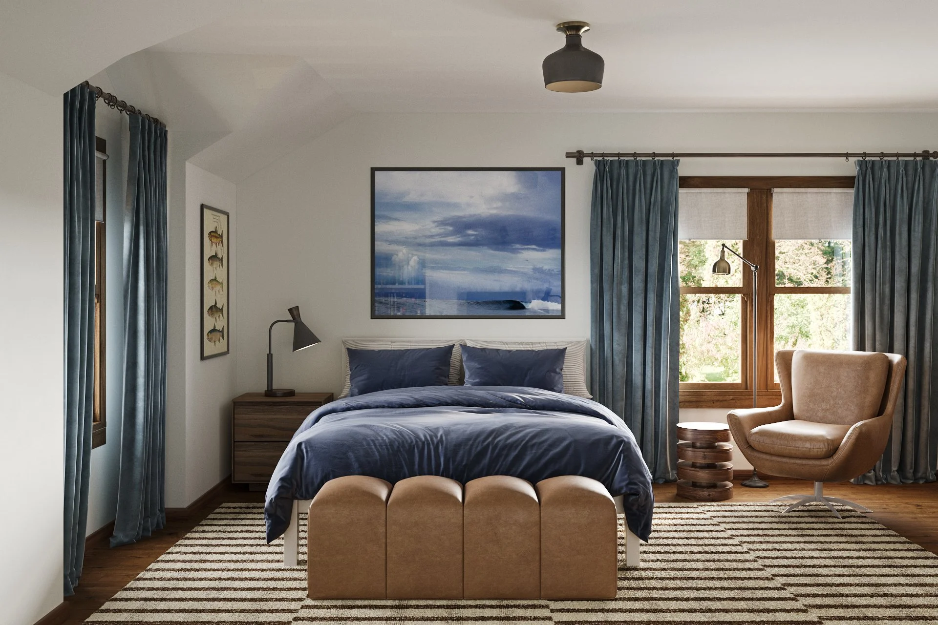 Bed with layered bedding and balanced artwork in a California Eclectic teen bedroom designed by virtual interior designer Joshua Jones of JJones Design Co., refined to feel more like a young adult space.