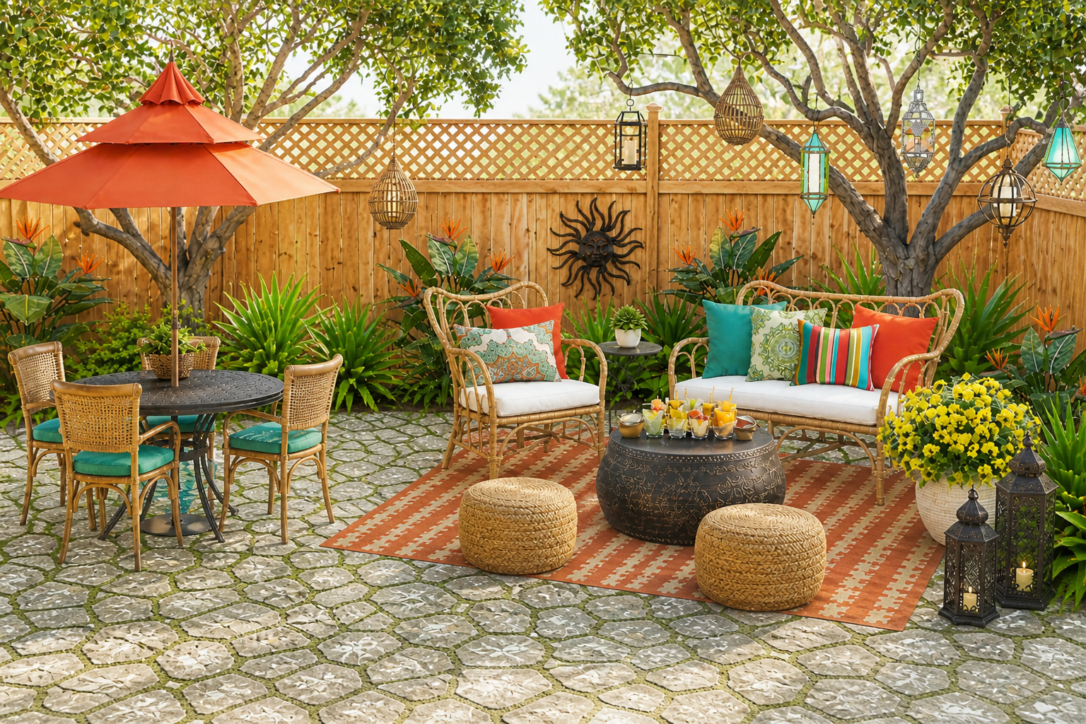 Boho chic outdoor living space with wicker seating, colorful cushions, and a patterned outdoor rug defining the seating area on a stone patio