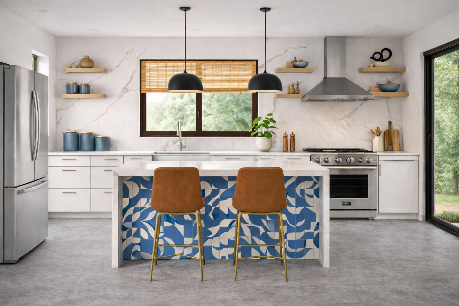 AI-generated 3D rendering of a California casual kitchen with blue and white tile island, four floating wood shelves flanking a stainless steel range hood, leather counter stools, black pendant lights, and sliding glass doors