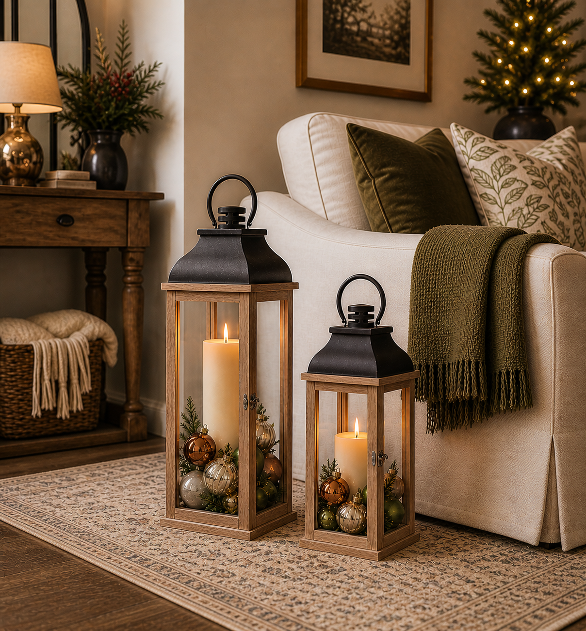 Living room corner featuring decorative lanterns filled with candles and mixed Christmas ornaments in green, bronze, and neutral tones placed beside a sofa (AI-generated image)