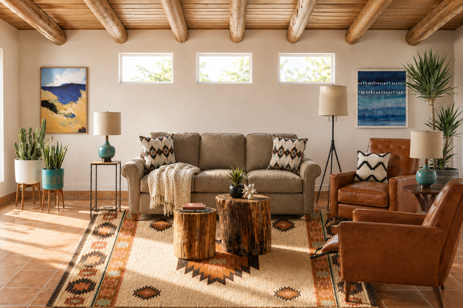 Southwest style living room in an adobe-style home with exposed wood beams, terracotta tile flooring, leather accent chairs, rustic wood coffee tables, patterned area rug, and an ivory throw blanket draped over the sofa.