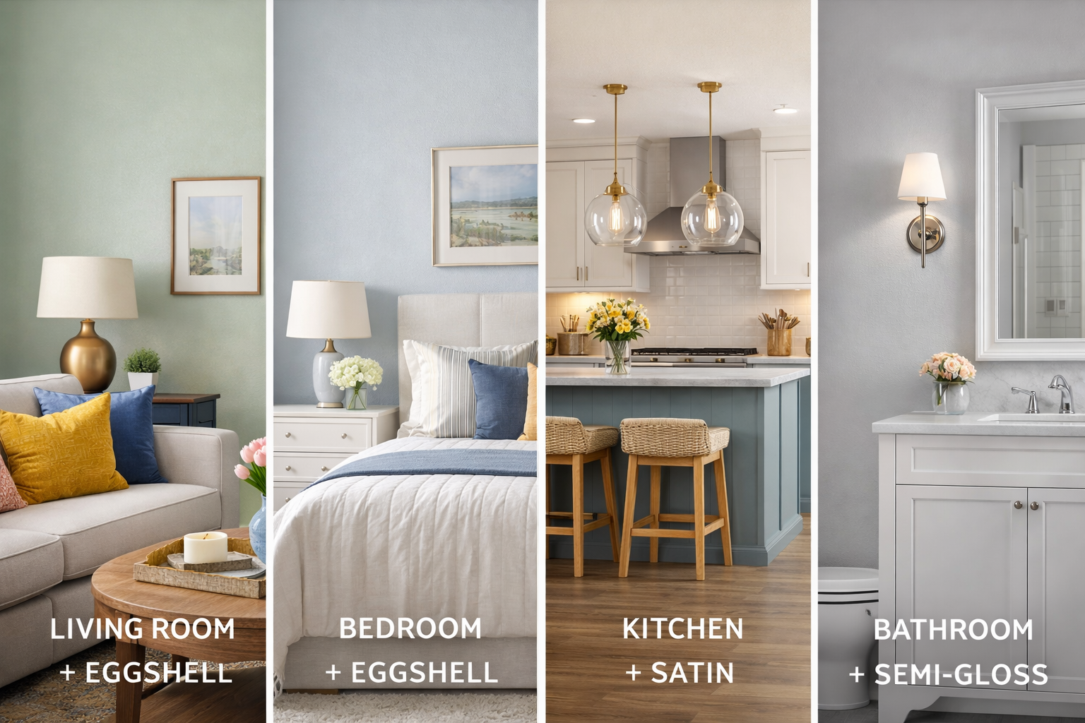 AI-generated image illustrating recommended paint finishes by room, including eggshell for living rooms and bedrooms, satin for kitchens, and semi-gloss for bathrooms.