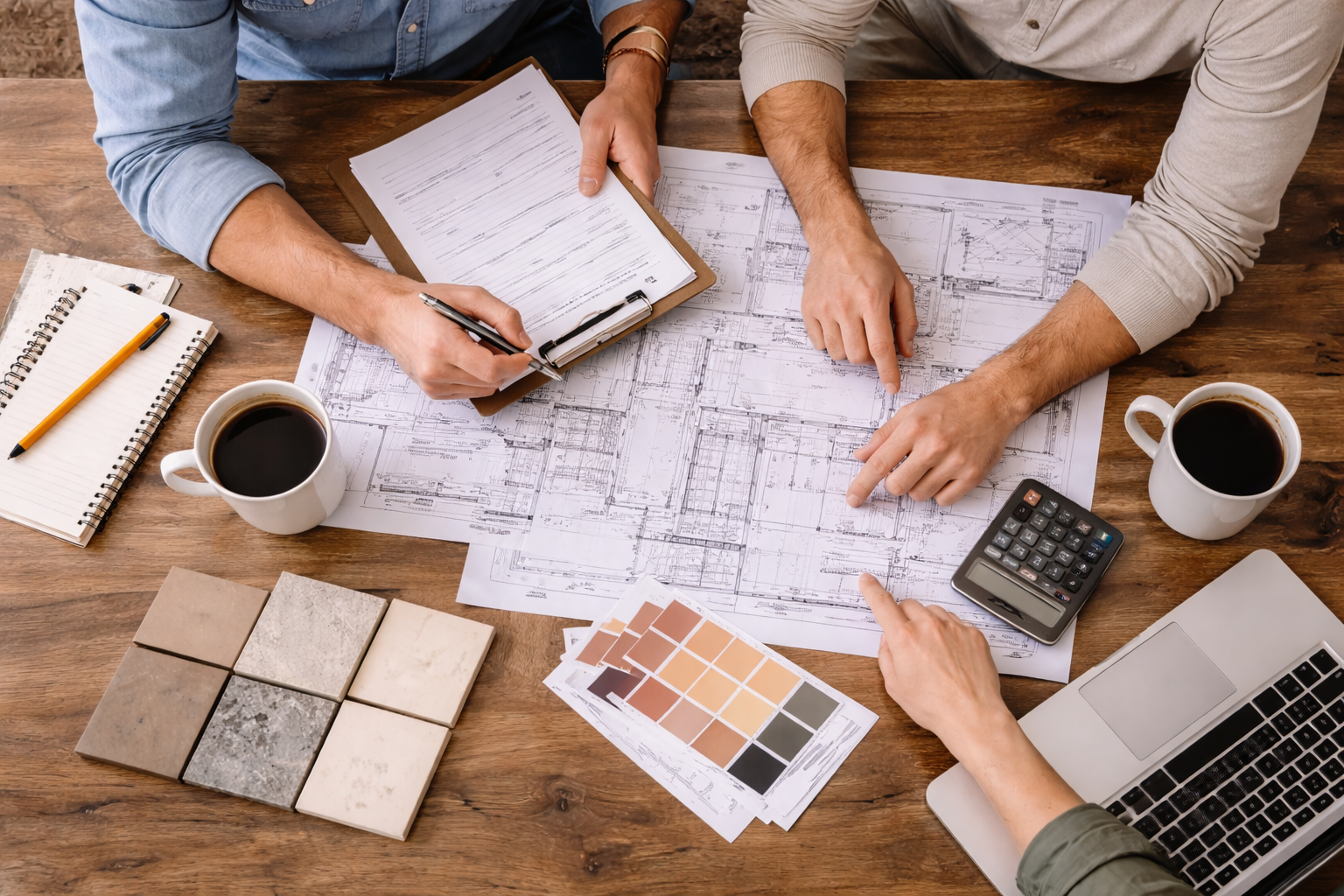Overhead view of three people reviewing architectural floor plans, material samples, and renovation budget documents during a remodel planning meeting.