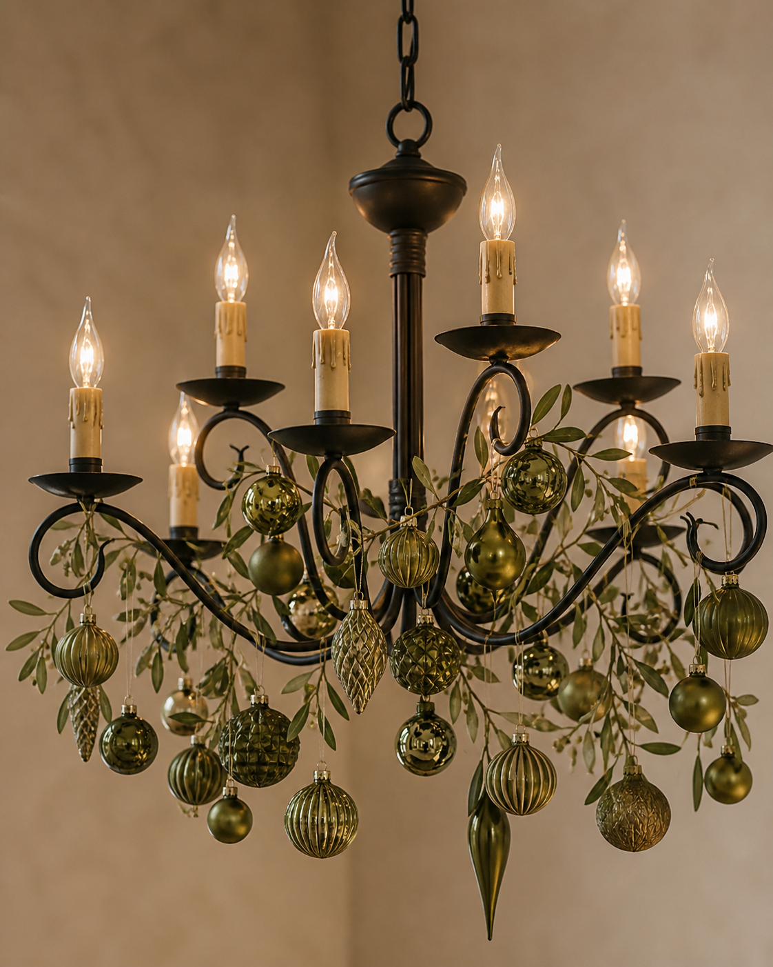 Close-up of a wrought iron chandelier with candle-style bulbs decorated with olive green Christmas ornaments in varying shapes and finishes (AI-generated image)