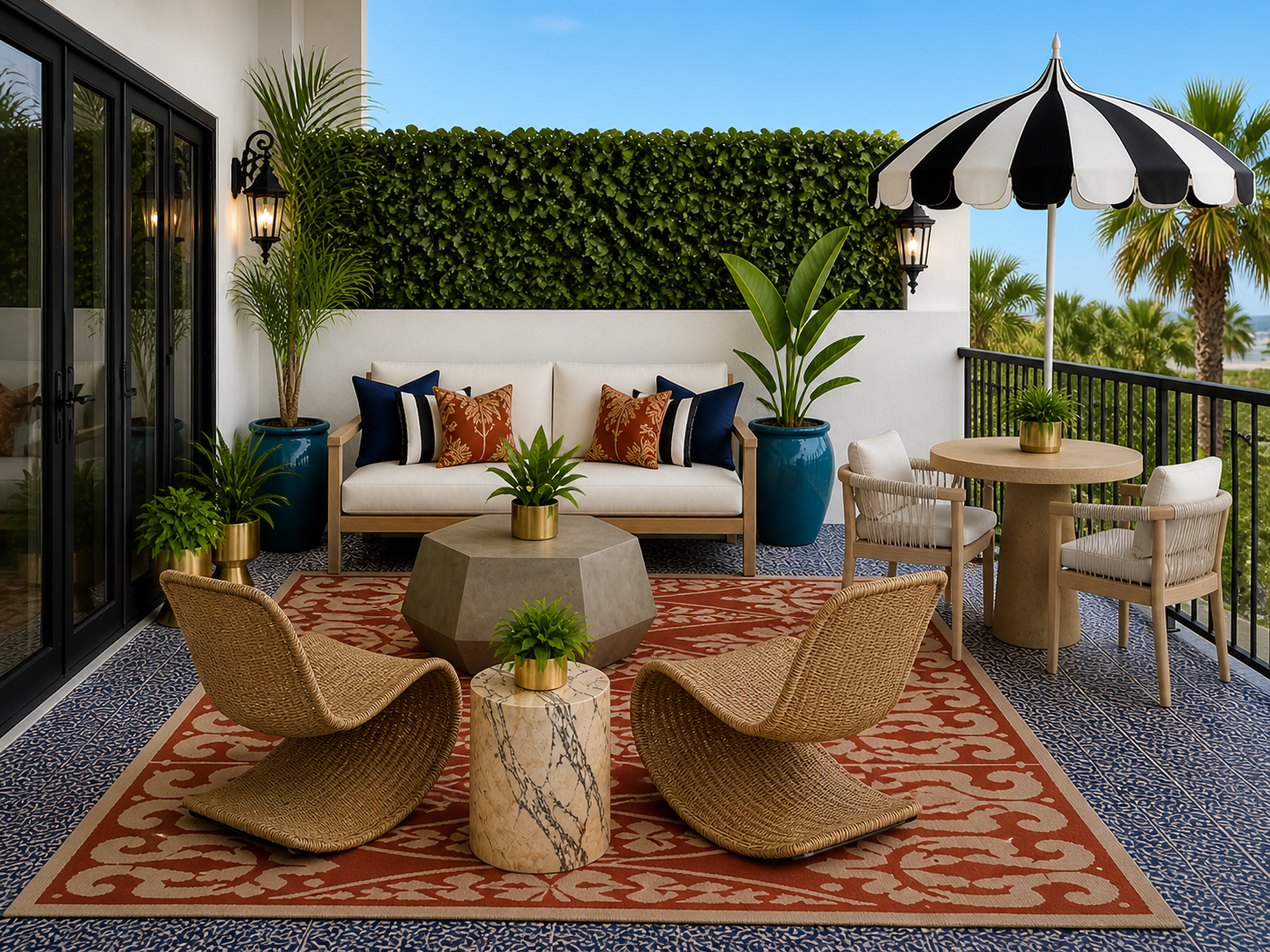 Modern eclectic balcony with sofa against a half wall and hedge backdrop, sculptural wicker chairs, and a patterned outdoor rug defining the seating area