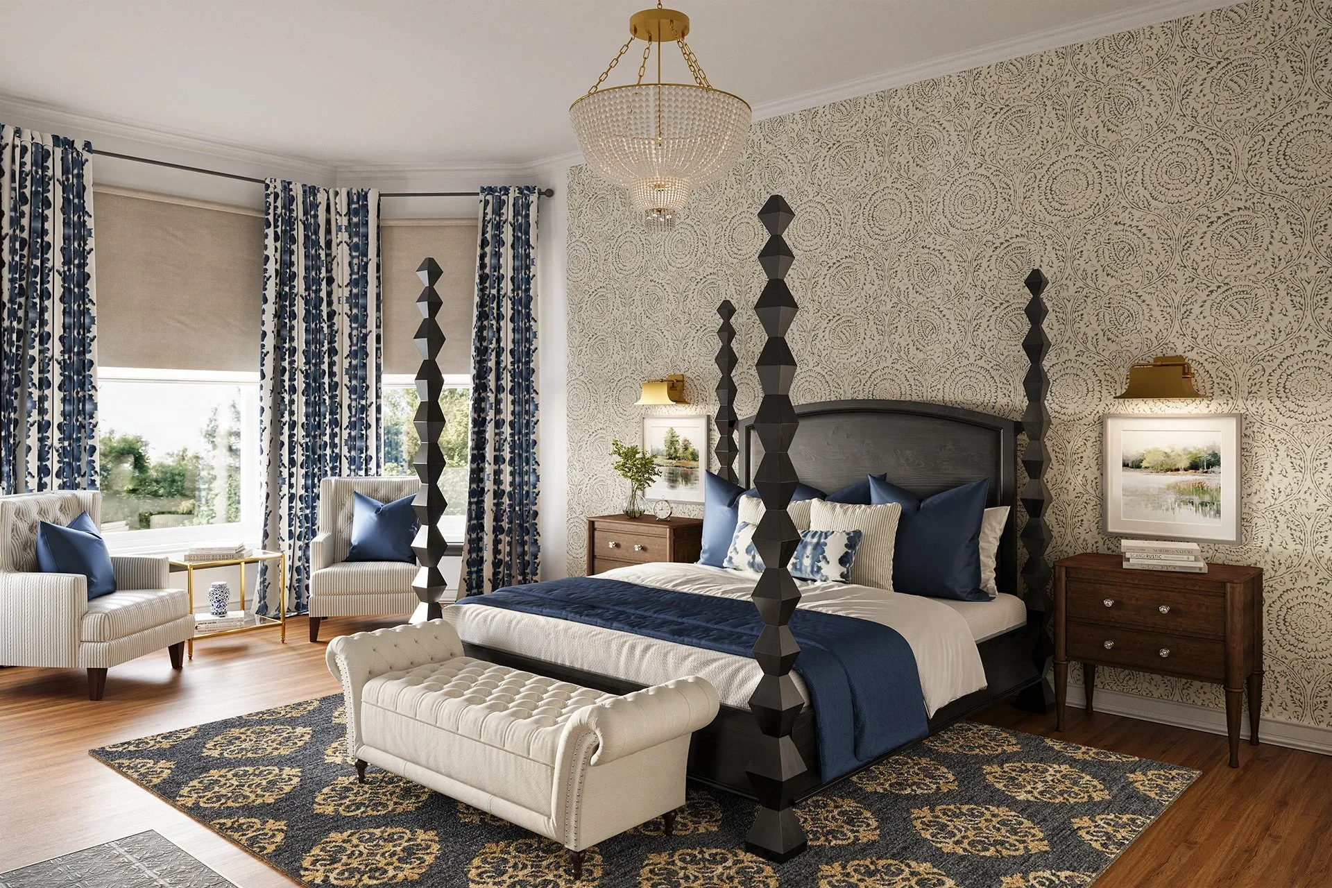 Modern Victorian primary bedroom interior design featuring a four-poster bed, patterned wallpaper, navy accents, and elegant furnishings by virtual interior designer Joshua Jones of JJones Design Co.