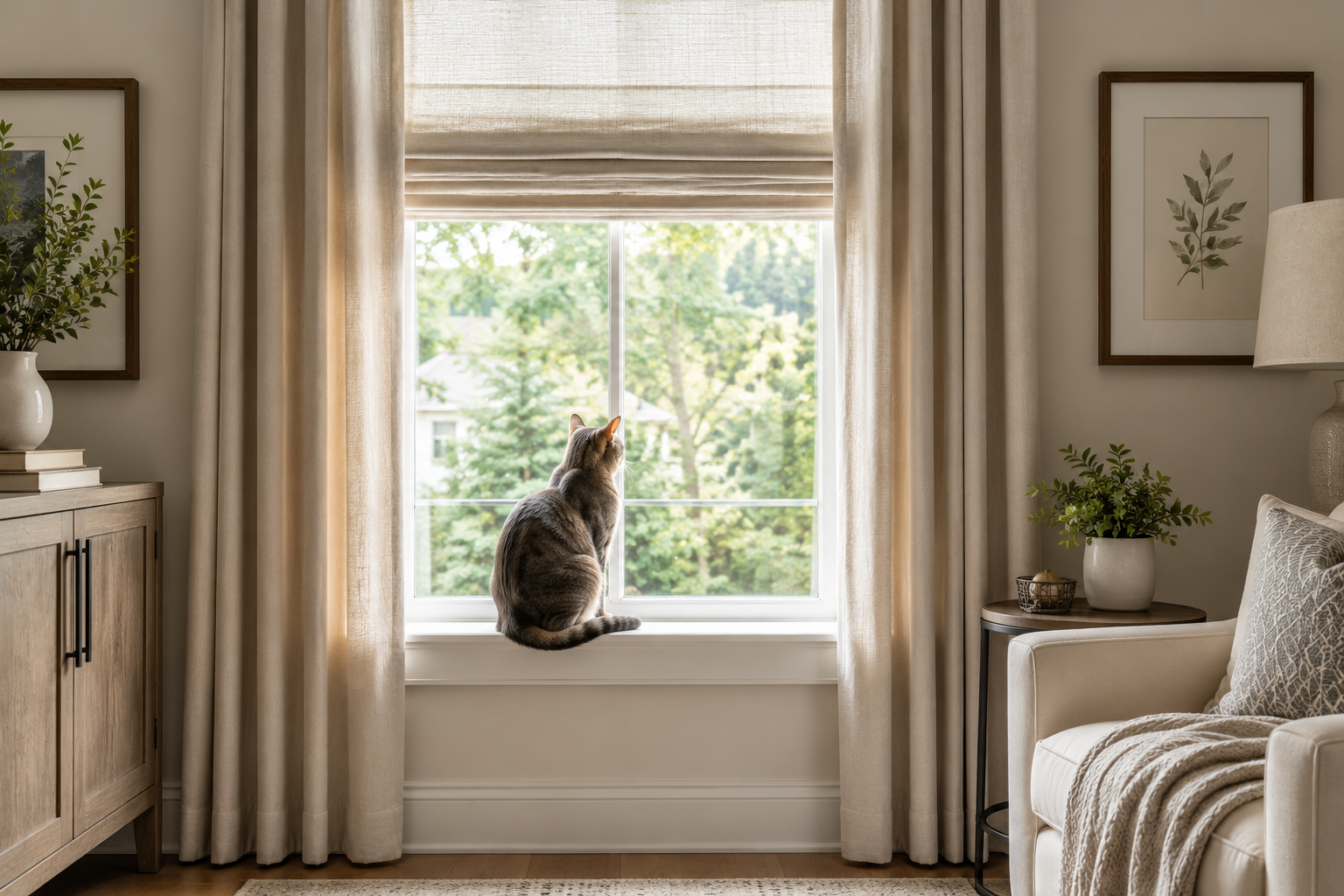 AI-generated living room featuring a cat sitting on a window sill between drapery panels and beneath a Roman shade, demonstrating how pets often interact with windows and window treatments throughout the day.