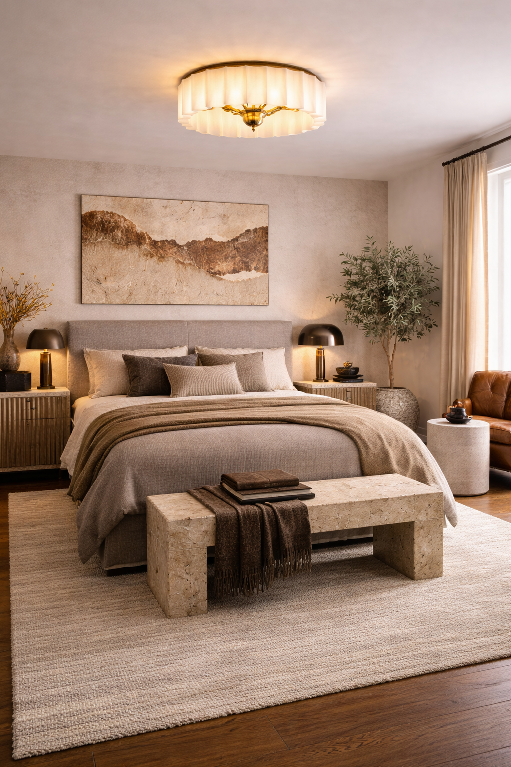 Modern brutalist bedroom with warm neutral palette, upholstered bed, travertine bench, textured nightstands, and a scalloped glass brass flush mount ceiling light creating a cozy refined atmosphere