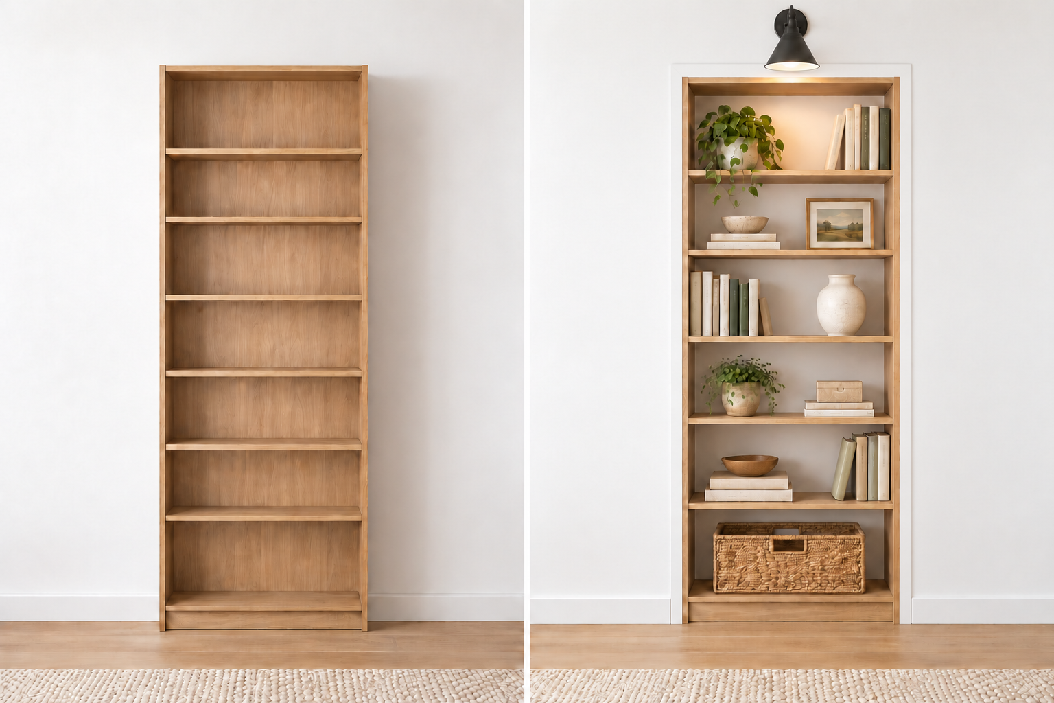 Side-by-side mockup of an oak-effect IKEA BILLY bookcase before and after adding white trim around the shelves, a white wall behind them, a black sconce above, and a basket on the bottom shelf.