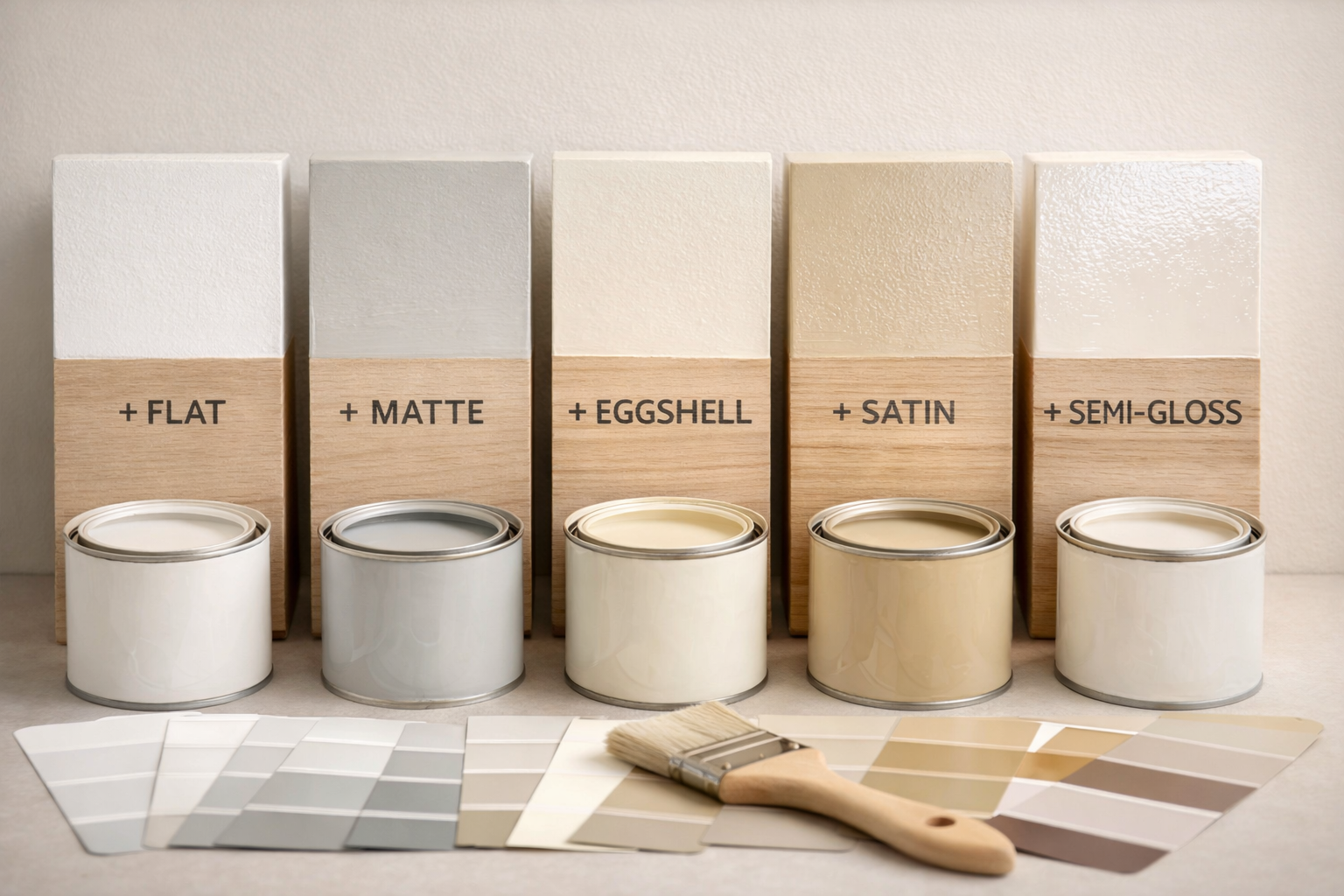 AI-generated illustration comparing common paint finishes including flat, matte, eggshell, satin, and semi-gloss used for interior walls.