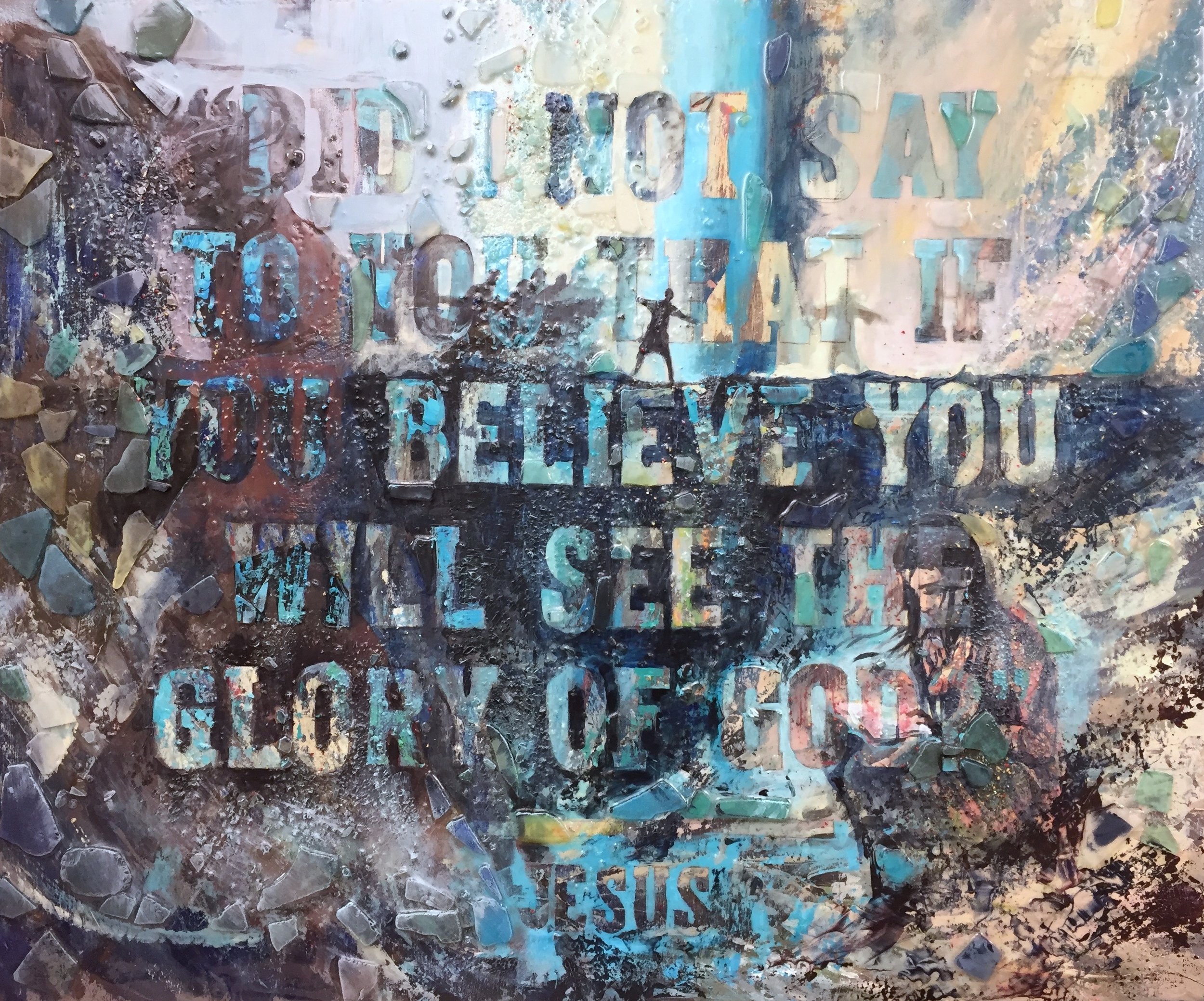 "Believe". Acrylic and sea glass on panel. 30x40". 2016.