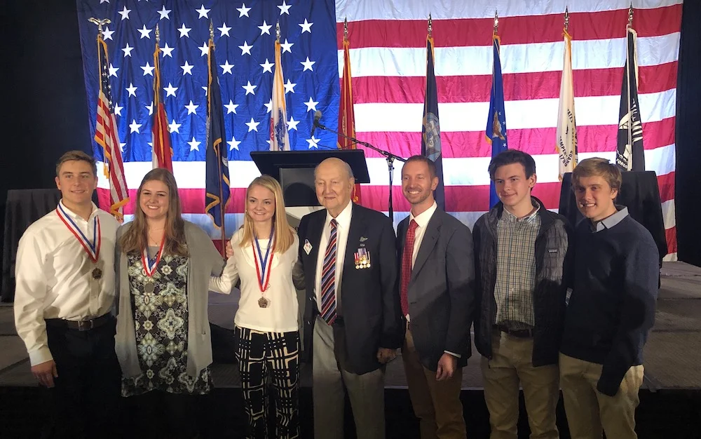 Mr. Quincy Collins, COL USAF (Ret), founder of Carolina Freedom Foundation, poses with this year's student winners of the annual art competition. L-R Sam Goldstein, Emily Ketron, Abbey Barefoot, Colonel Quincy Collins, Mr. Bryn Gillette, Andrew Knotts and Nathan Brannon.