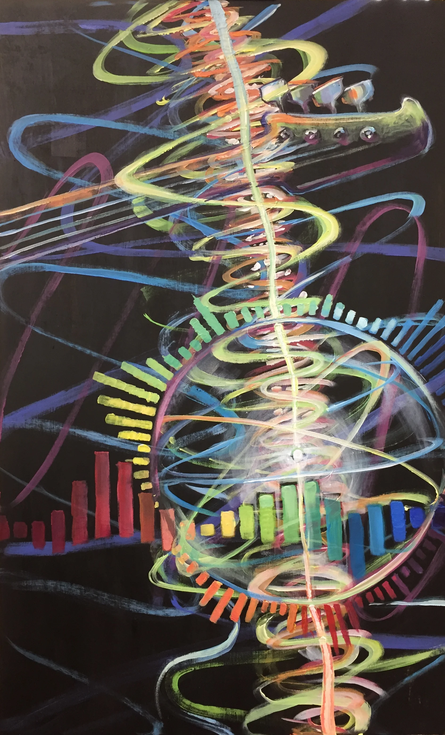 “In Tune”. Painted live at Walnut Hill Community Church, Bethel, CT to the opening sermon series “Find Your Groove” by lead pastor Adam DePasquale. December 30, 2018. 32 x 19.75”. Acrylic on wooden Panel. We all know what it feels like to be in dissonance with the Lord, walking “out of tune” with God’s Spirit in our daily lives. On the other hand, we hopefully have all experienced moments of deep resonance with the Lord- when everything feels like it is in harmony with God’s plan. This painting was created to remind Walnut Hill Community Church to “Find Your Groove”, and be aware that in each season of our ever-changing lives, we need to perpetually, pliably, and prayerfully tune our hearts to the divine frequency of God’s will. Bryn Gillette painted this image live during the opening message of the series at the Bethel campus during the preaching of lead pastor Adam DePasquale. The tuning keys of the bass guitar at the top are a metaphor of our need to adjust our hearts to stay in tune. Waves of sound frequency, color spectrum, and the “Find Your Groove” pulsing graphic visualize the changing melodies of life's seasons. The atomic sphere captures a prayerful revelation that took place between Bryn and guest speaker Jameson Parker: May God’s frequency so permeate our lives through prayer that we vibrate with His very purposes in every pore, every cell of our body, every atomic particle in tune with the divine resonance.