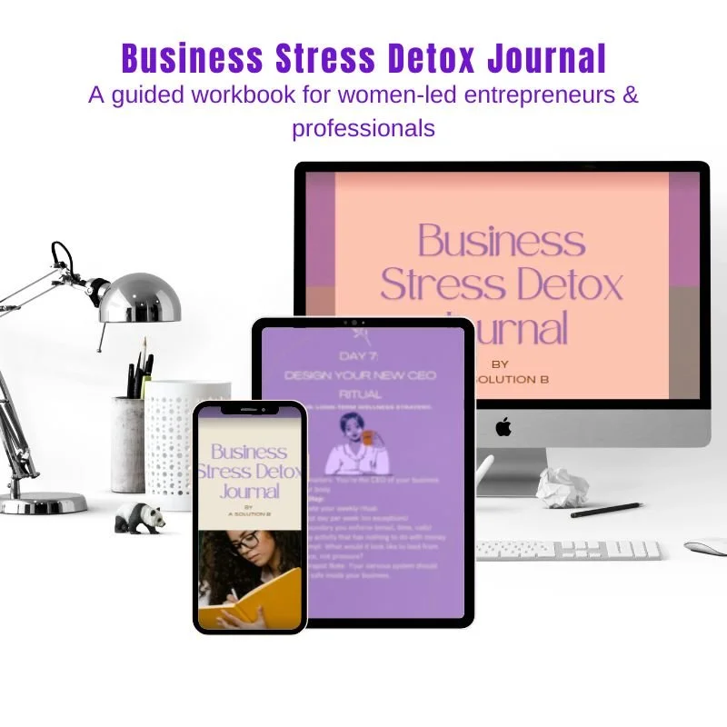 business stress detox journal shown on desktop computer, tablet and cell phone