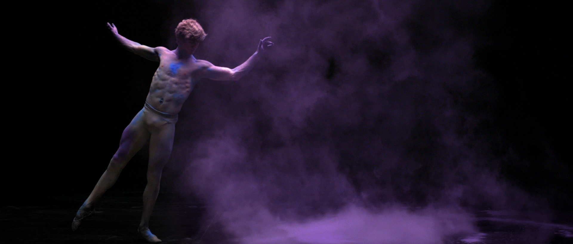 Violet frozen moment, slow motion sculpted dancer in BalletMet “Becoming Violet” dance film | Derek McKane NY cinematographer