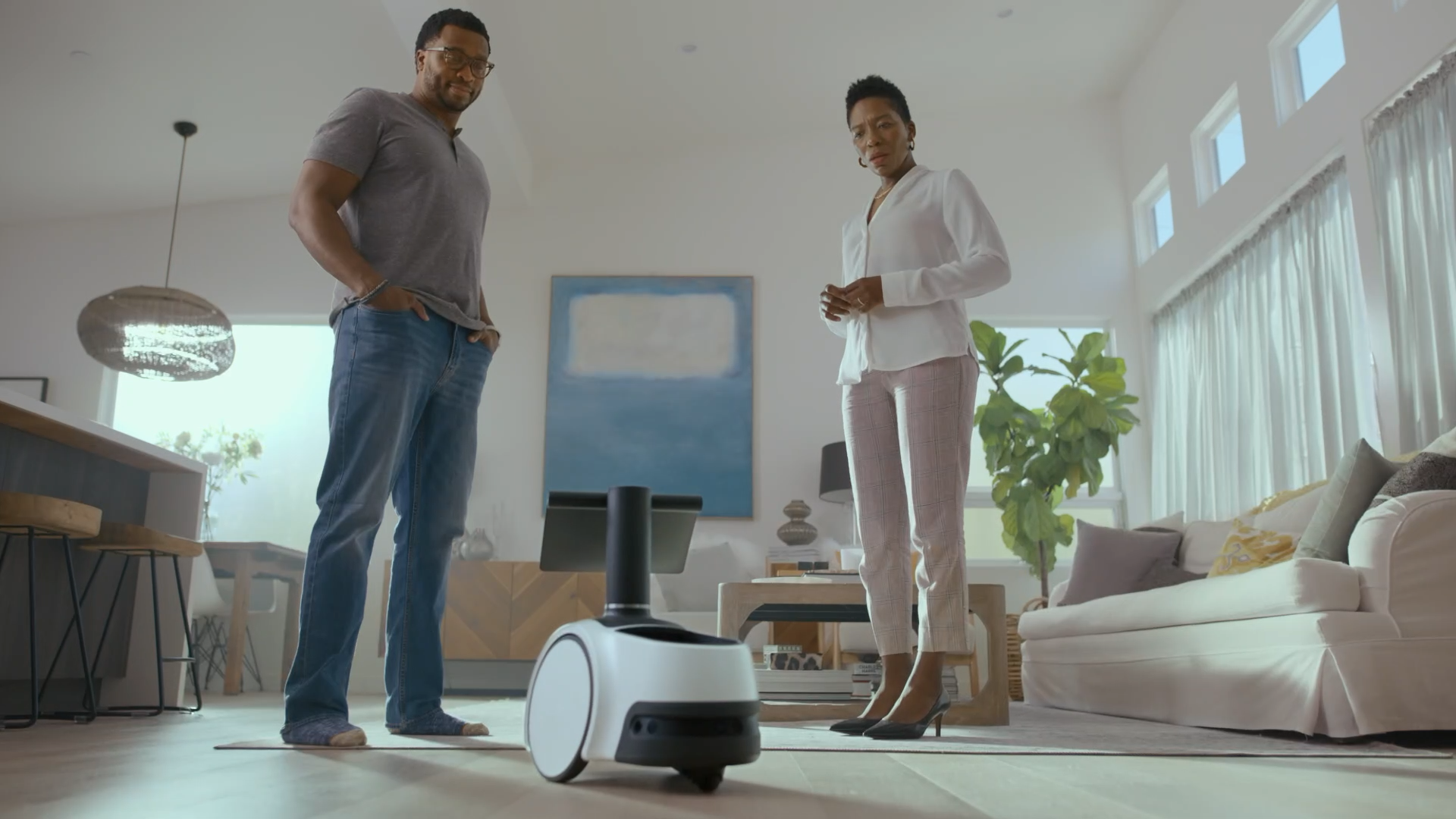 Homeowners examine Amazon Astro in living room | New York Cinematographer / Director of Photography Derek McKane