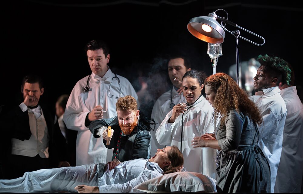 Alix Le Saux as Cendrillon , Eleonore Pancrazi as Prince Charmant with Robin Gladwin, Connor Williams and Ryan Munroe CENDRILLON at Glyndebourne (Tour), October 2018 Photo: Bill Knight