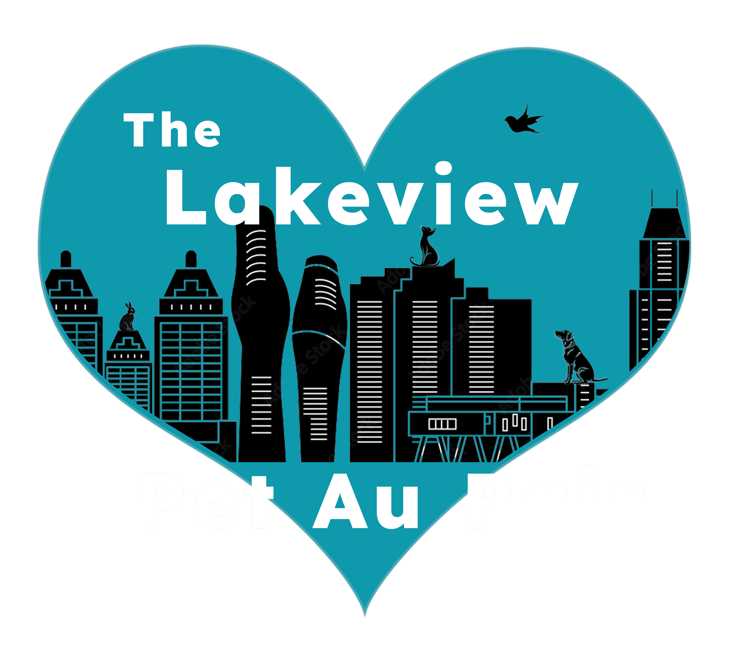 Blue heart-shaped graphic featuring a city skyline with tall buildings, a crane, and animals like dogs, cats, birds, and rabbits, with the text 'The Lakeview Pet Au Pair'.