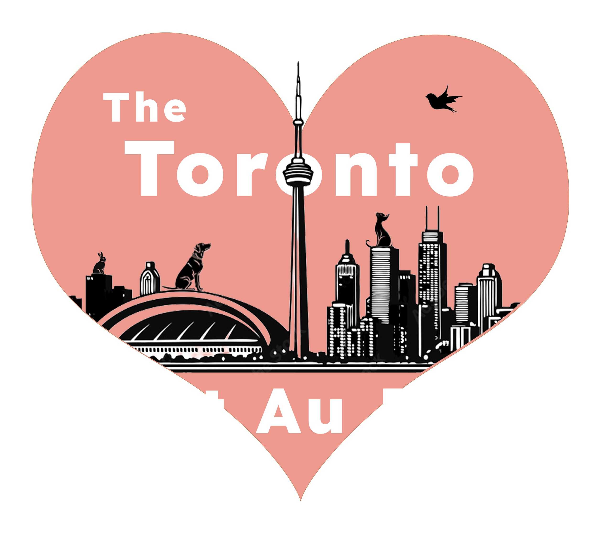 Heart-shaped illustration of the Toronto skyline with the CN Tower, animals like dogs, cats, and birds, and the text 'The Toronto Au'.