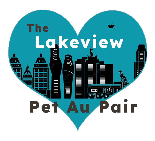 A graphic logo with a blue heart shape featuring a city skyline, a cat, a dog, a bird, and the text 'The Lakeview Pet Au Pair'.