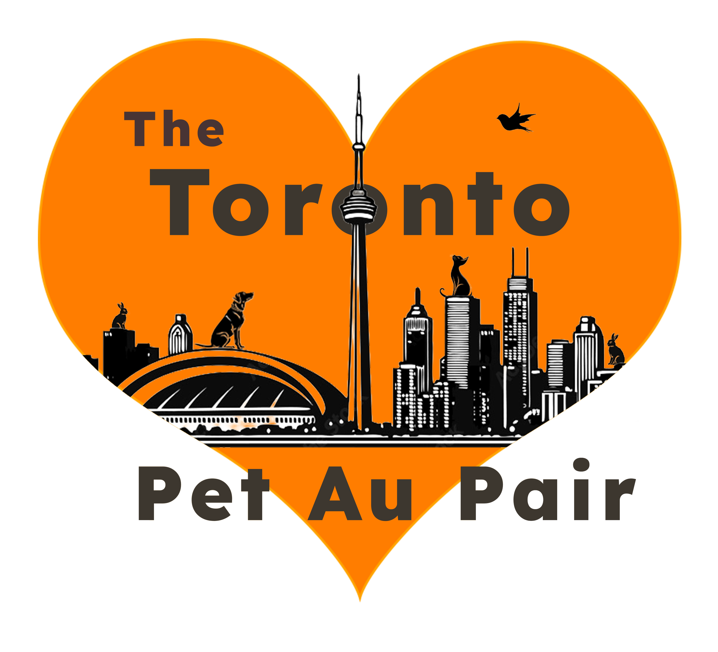 A heart-shaped graphic featuring the Toronto skyline in black and orange, with the CN Tower in the center. The skyline includes sculptures of animals like rabbits, dogs, cats, and birds, along with the Rogers Centre stadium. Text reads 'The Toronto Pet Au Pair'.
