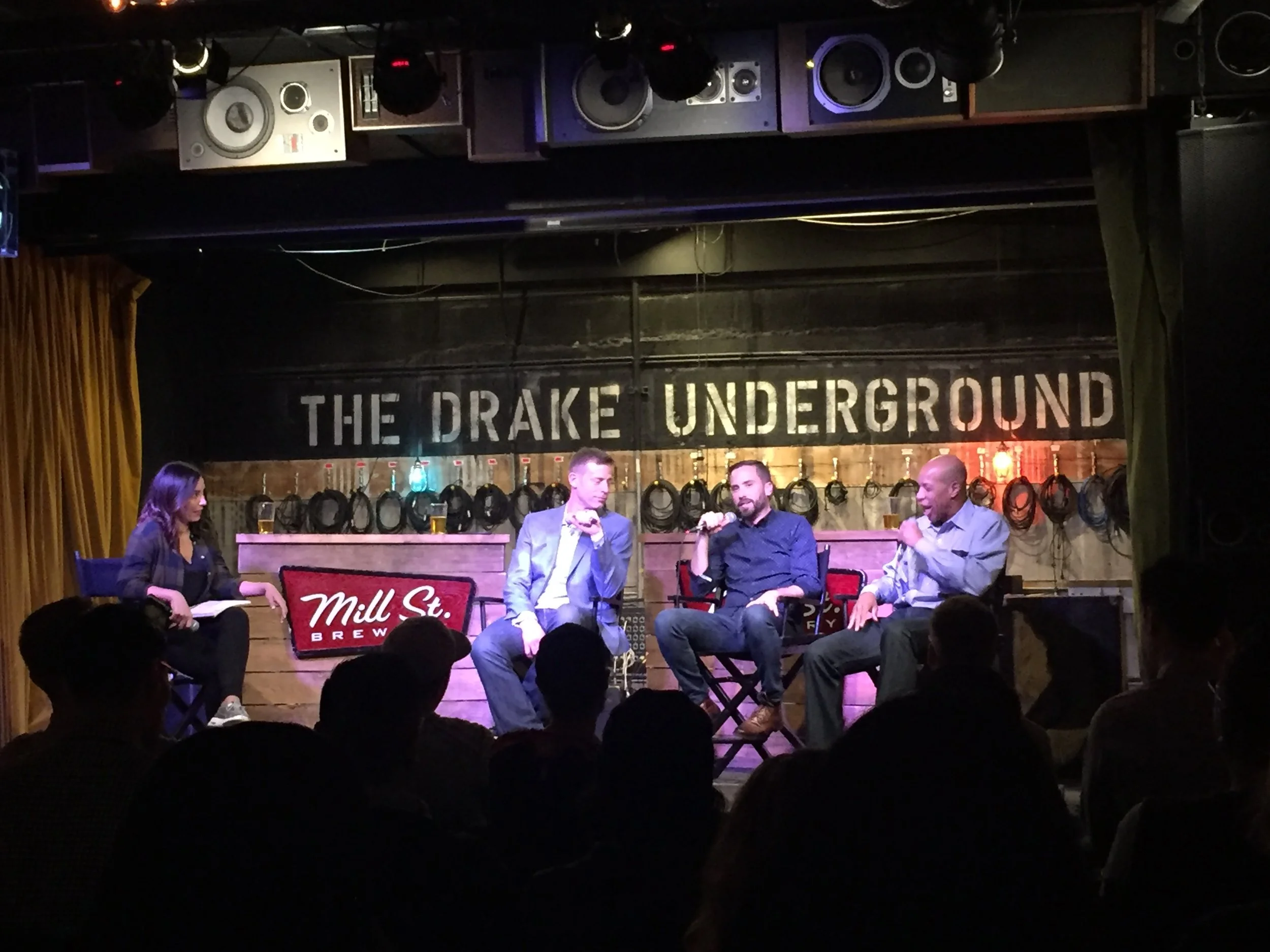 MICHAEL GRANGE, ERIC SMITH, PAUL JONES AND ASHLEY DOCKING DURING HOOP TALKS LIVE EVENT HOSTED BY HOMESTAND SPORTS ON MARCH 30, 2017.