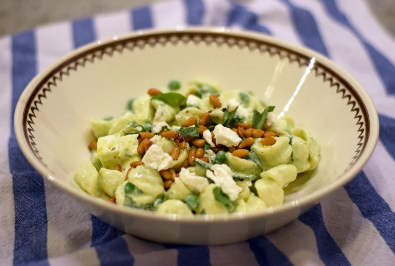 pasta with yogurt, peas, and chile