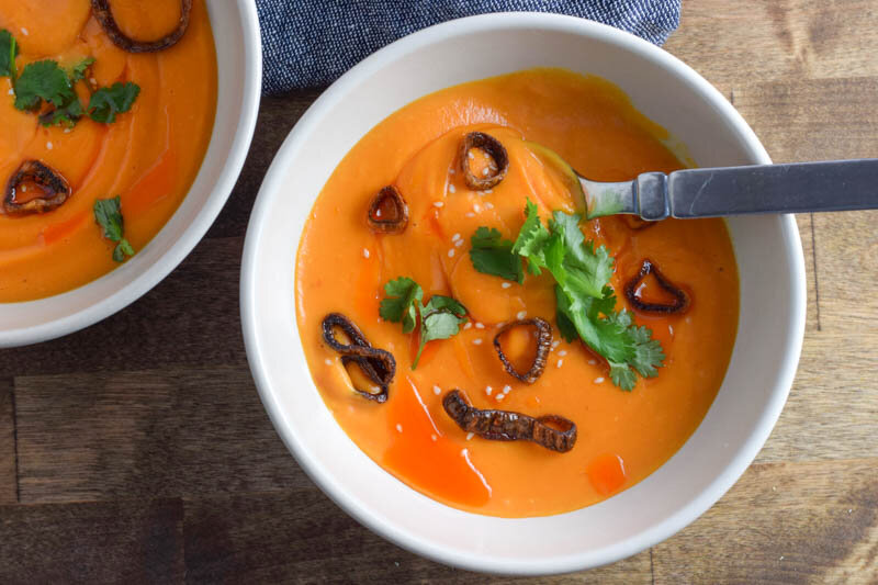 coconut carrot soup with crispy shallots