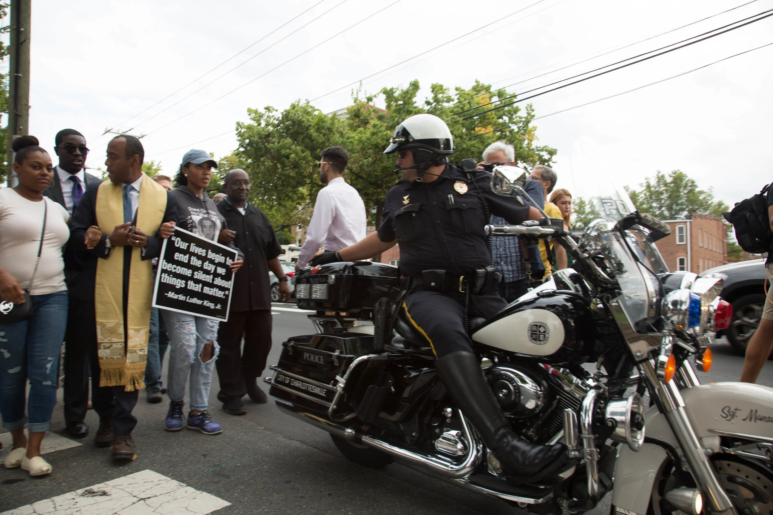 Protesters of the Charlottesville tragedy begin their 10 day action as they march from Charlottesville, Virgina to Washington D.C. Organizers Nelini Stamp of the Workign Famlies Party and Mohammed Naeem lead the action into the begining of the week. The first day consisted of roughly 200 protesters who came out for the blessing and the first 3 miles of the march. Fellow organizations include the Women's March, Working Families Party, Action Network, and Rogue Photo. Cville2DC.us