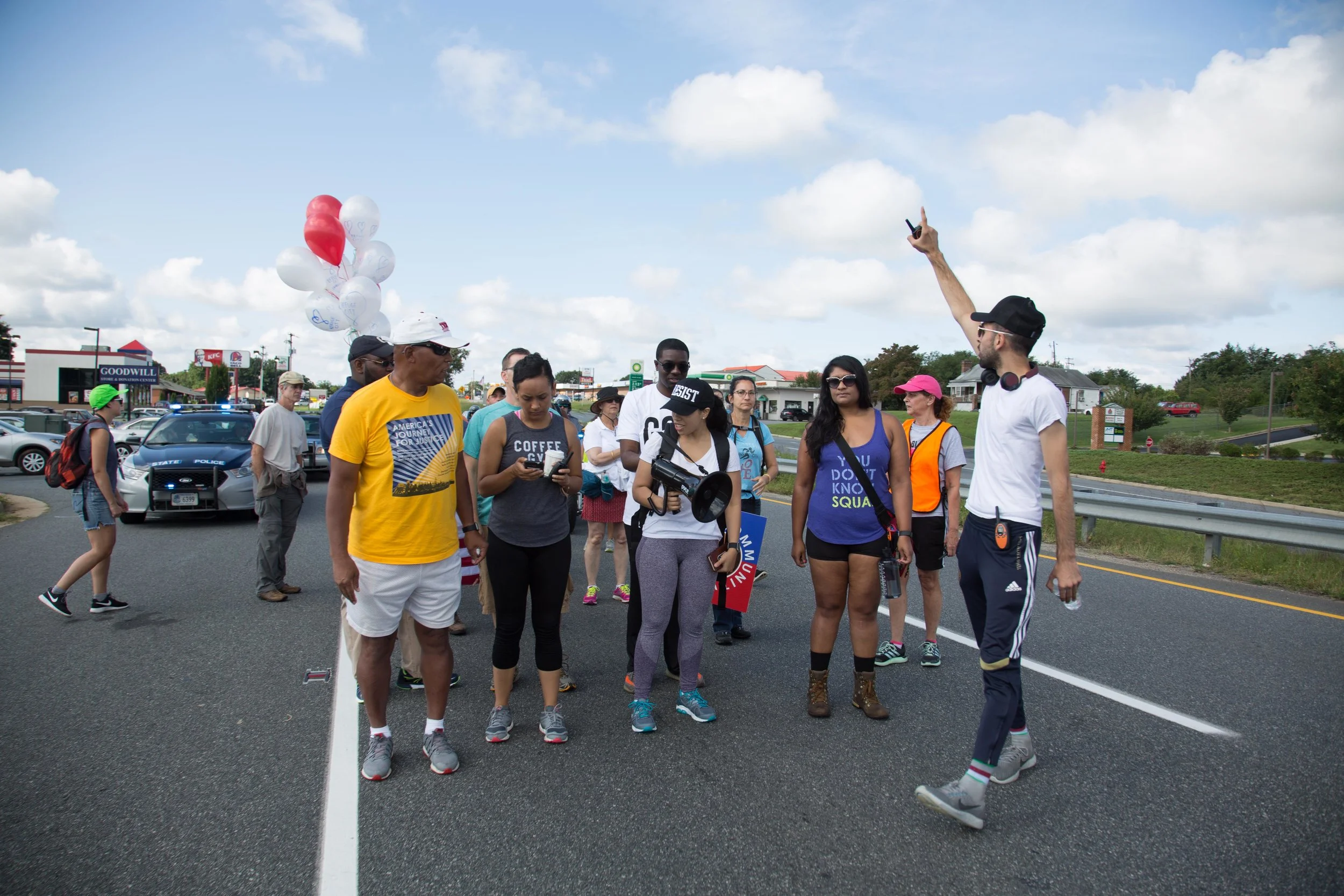 Activists continue their march from Charlottesville, Virginia to Washington, D.C. for a third day on August 30, 2017. The march, which is in protest against white supremacy, originally started with around 200 participants. Around 30 are continuing the movement, which will take around ten days.