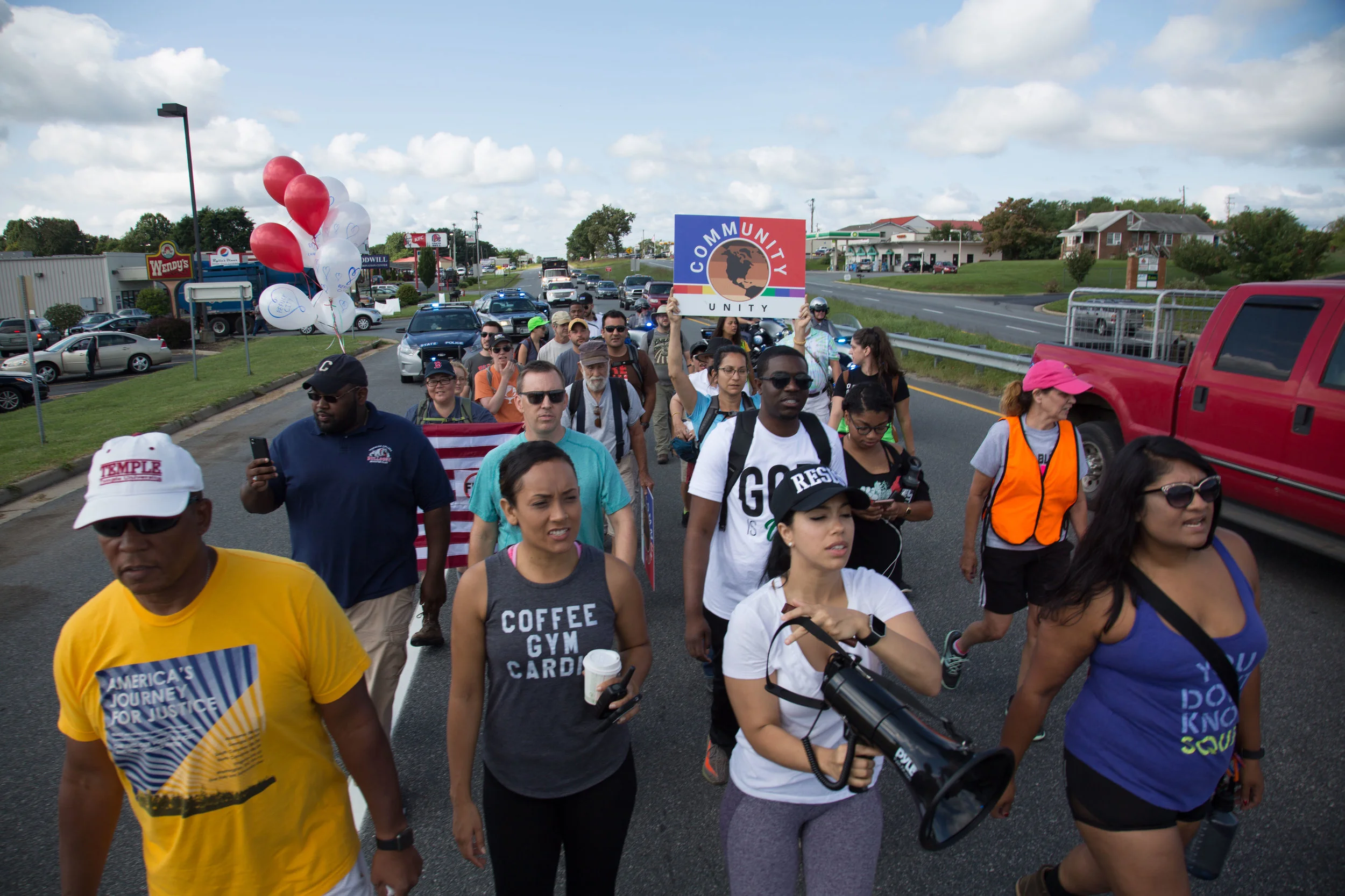 Activists continue their march from Charlottesville, Virginia to Washington, D.C. for a third day on August 30, 2017. The march, which is in protest against white supremacy, originally started with around 200 participants. Around 30 are continuing the movement, which will take around ten days.