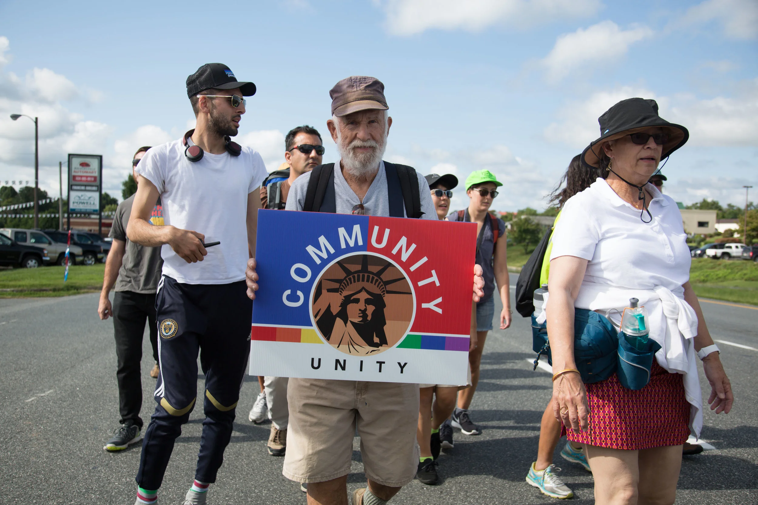 Activists continue their march from Charlottesville, Virginia to Washington, D.C. for a third day on August 30, 2017. The march, which is in protest against white supremacy, originally started with around 200 participants. Around 30 are continuing the movement, which will take around ten days.
