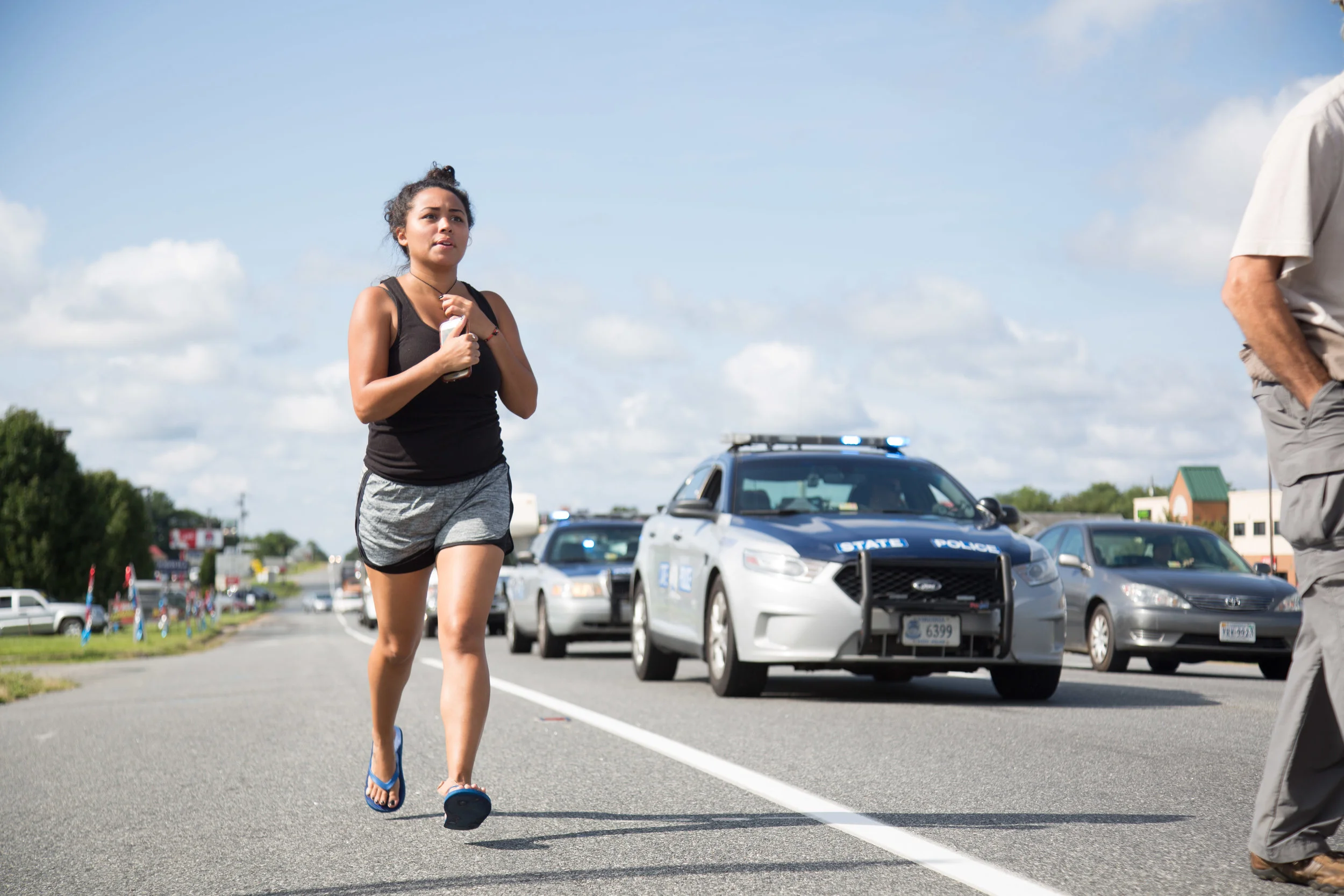 Activists continue their march from Charlottesville, Virginia to Washington, D.C. for a third day on August 30, 2017. The march, which is in protest against white supremacy, originally started with around 200 participants. Around 30 are continuing the movement, which will take around ten days.