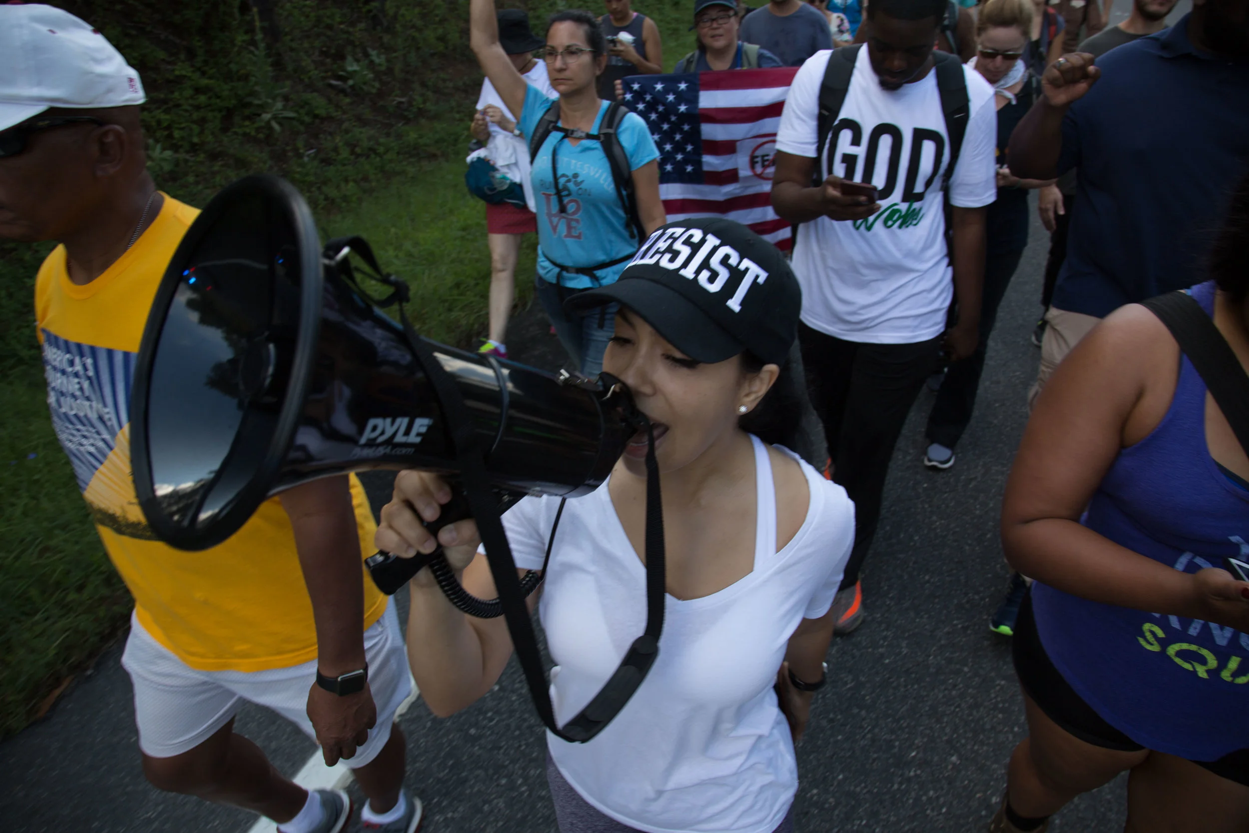 Activists continue their march from Charlottesville, Virginia to Washington, D.C. for a third day on August 30, 2017. The march, which is in protest against white supremacy, originally started with around 200 participants. Around 30 are continuing the movement, which will take around ten days.