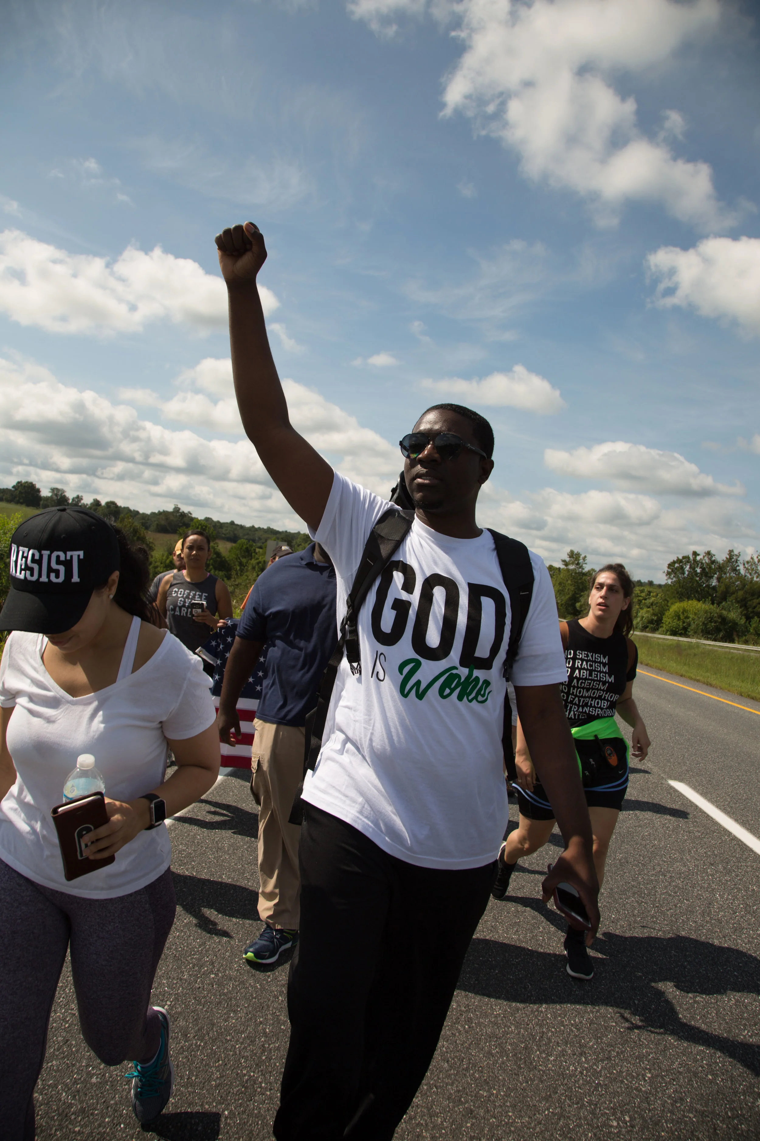 Activists continue their march from Charlottesville, Virginia to Washington, D.C. for a third day on August 30, 2017. The march, which is in protest against white supremacy, originally started with around 200 participants. Around 30 are continuing the movement, which will take around ten days.