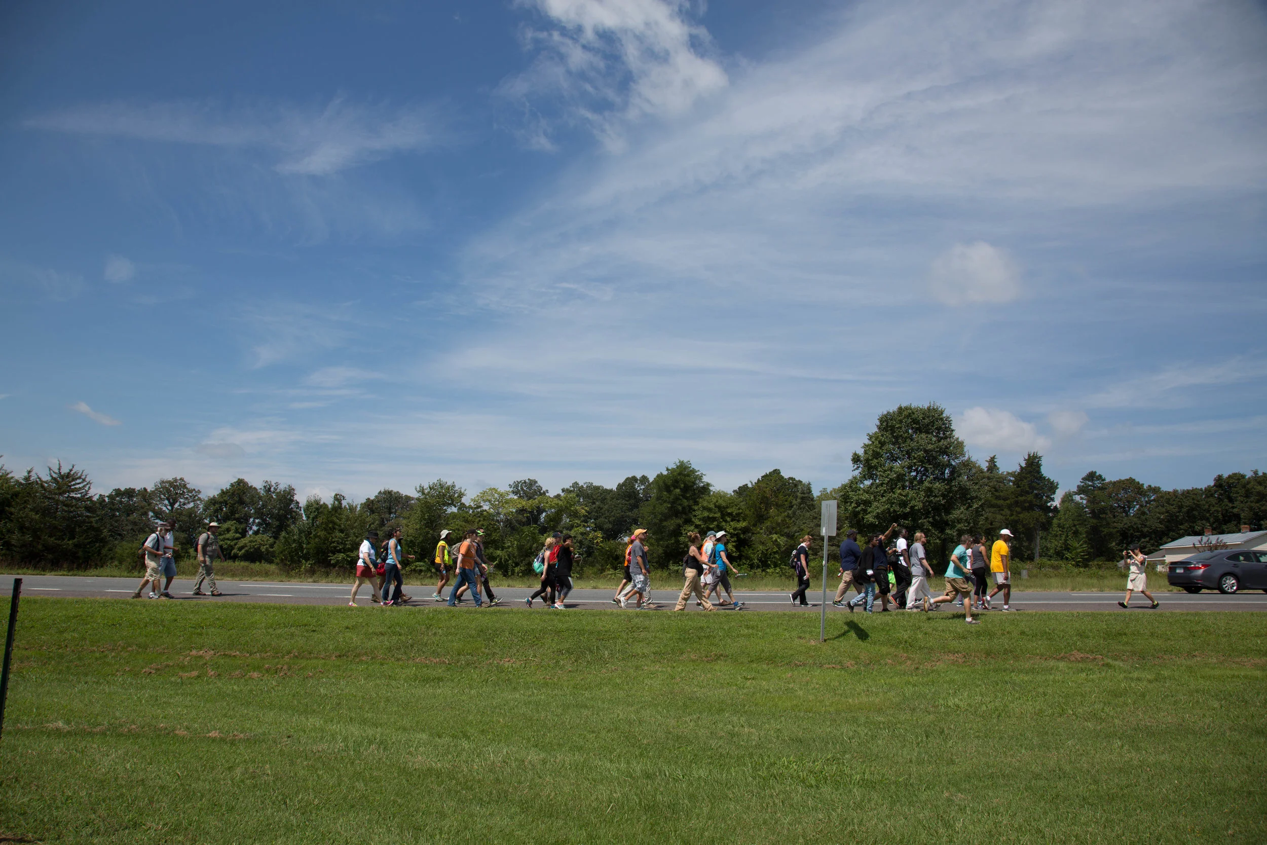 Activists continue their march from Charlottesville, Virginia to Washington, D.C. for a third day on August 30, 2017. The march, which is in protest against white supremacy, originally started with around 200 participants. Around 30 are continuing the movement, which will take around ten days.