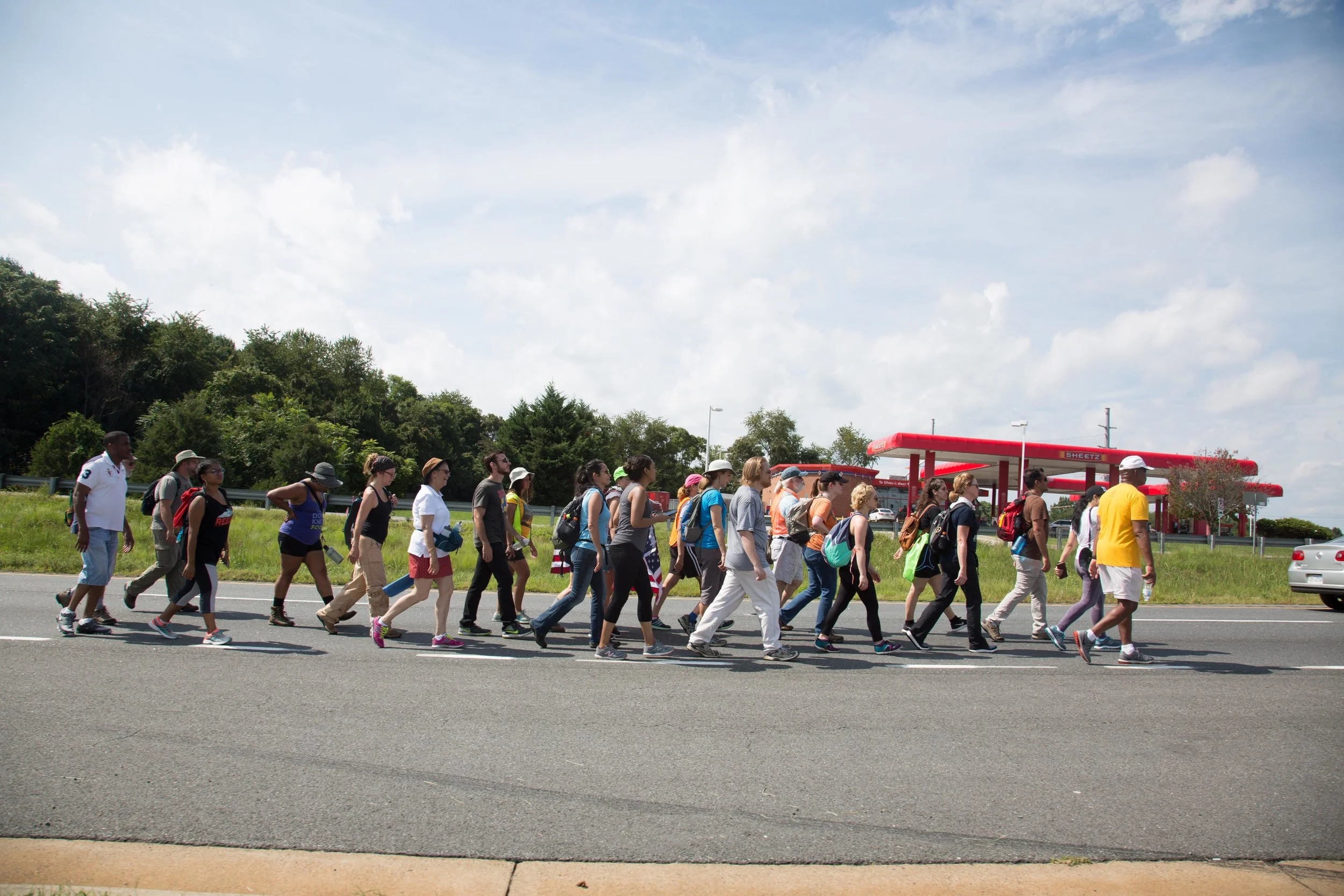 Activists continue their march from Charlottesville, Virginia to Washington, D.C. for a third day on August 30, 2017. The march, which is in protest against white supremacy, originally started with around 200 participants. Around 30 are continuing the movement, which will take around ten days.