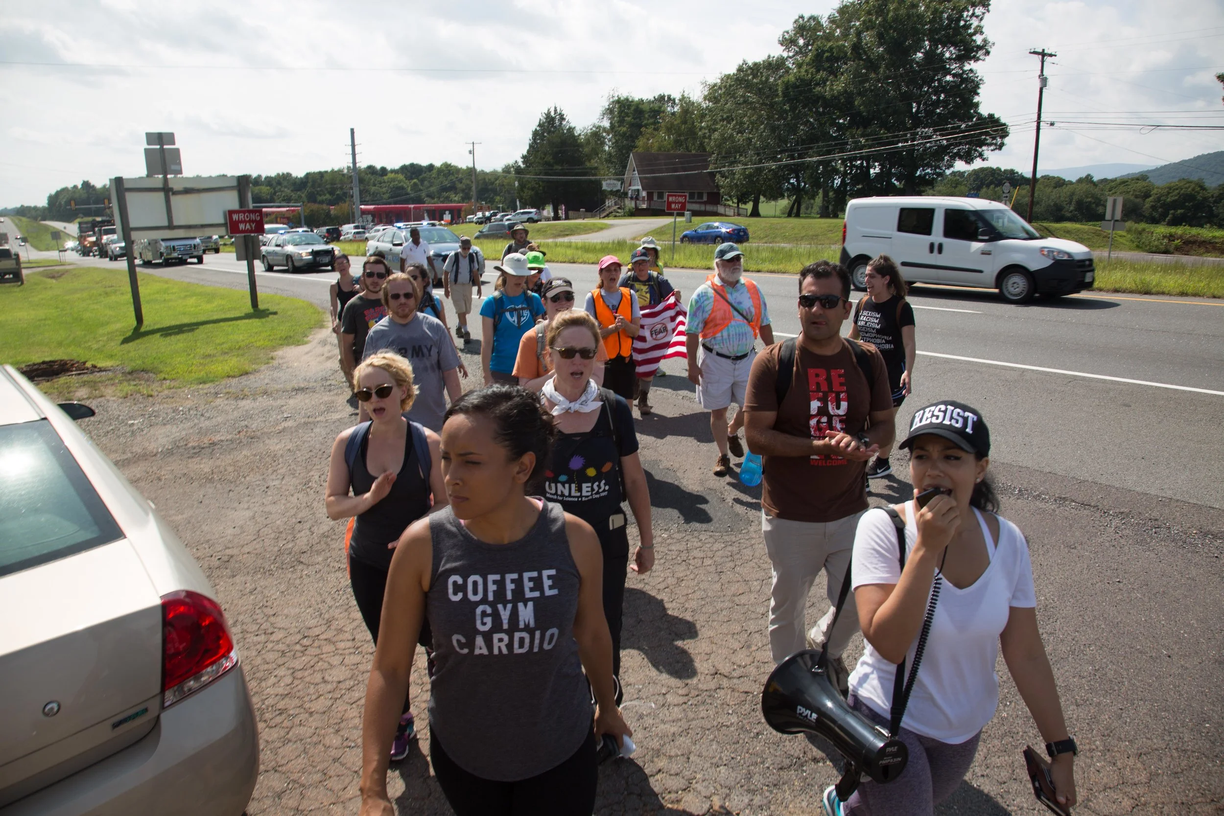 Activists continue their march from Charlottesville, Virginia to Washington, D.C. for a third day on August 30, 2017. The march, which is in protest against white supremacy, originally started with around 200 participants. Around 30 are continuing the movement, which will take around ten days.