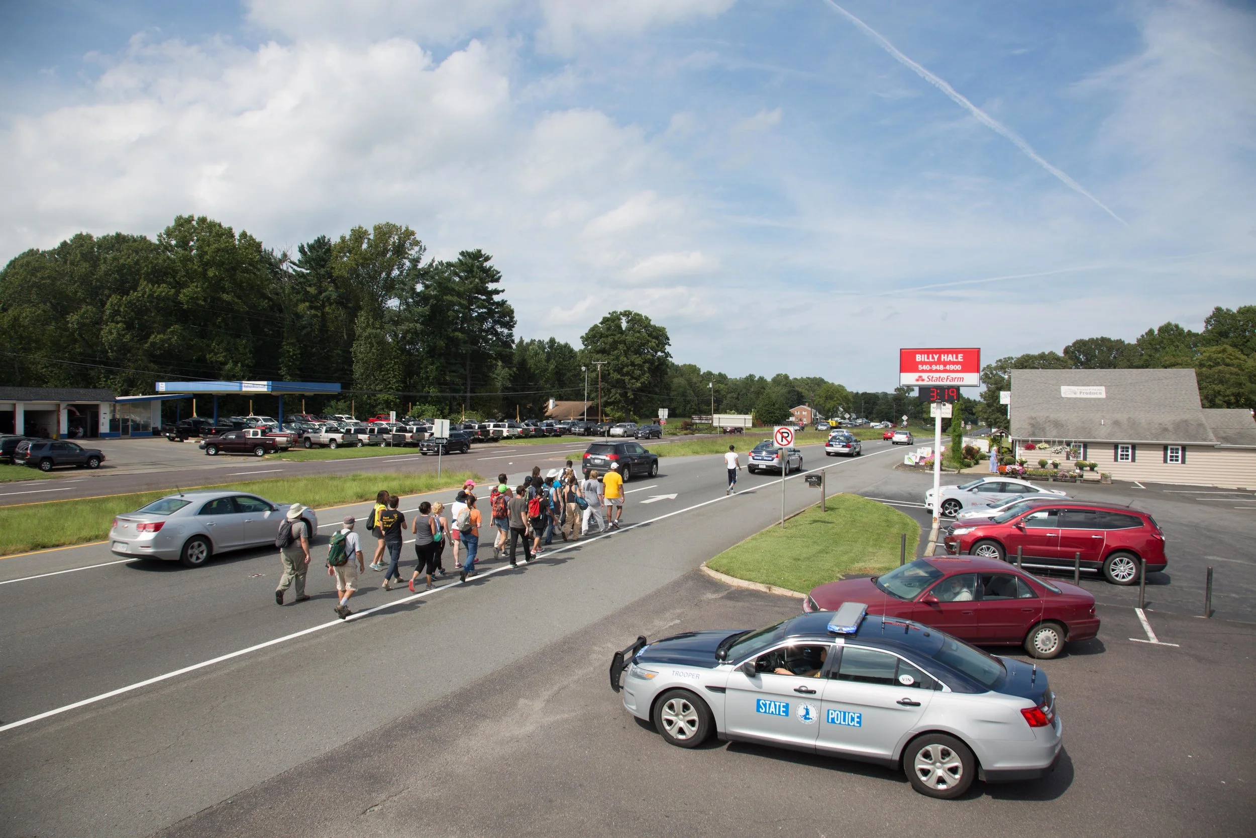 Activists continue their march from Charlottesville, Virginia to Washington, D.C. for a third day on August 30, 2017. The march, which is in protest against white supremacy, originally started with around 200 participants. Around 30 are continuing the movement, which will take around ten days.